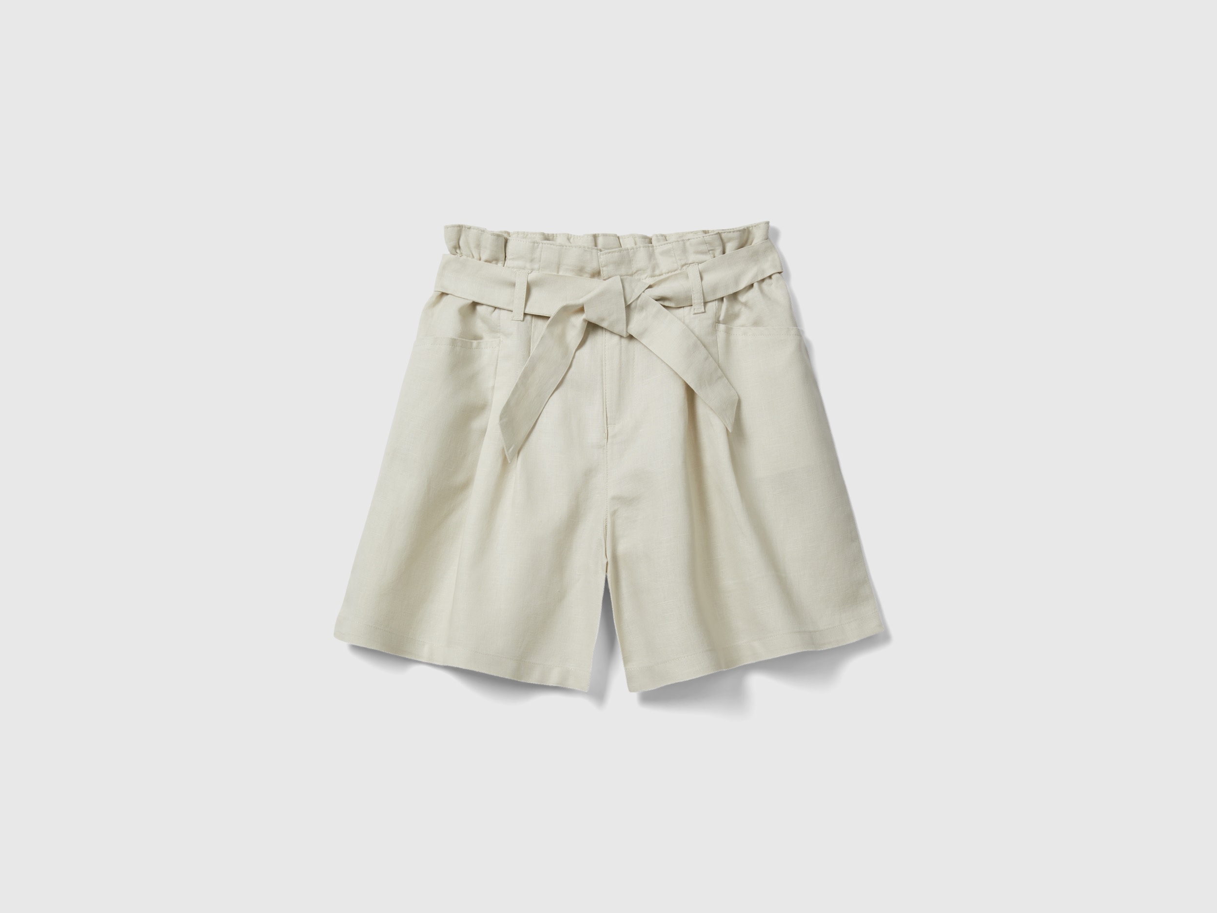 Benetton, Bermuda Paperbag In Misto Lino, Beige, Bambini