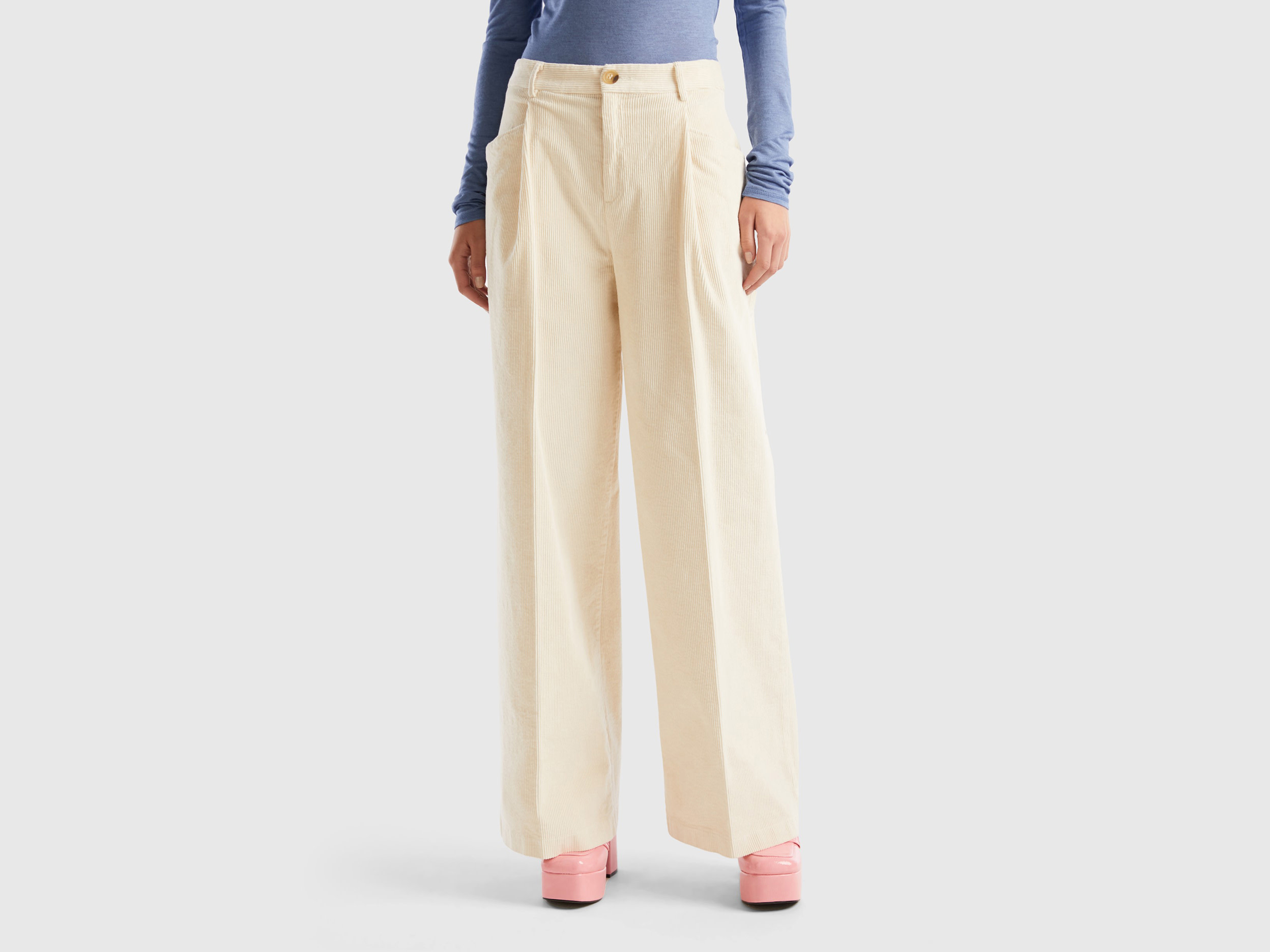 Benetton, Wide Leg Trousers In Corduroy, size 14, Creamy White, Women