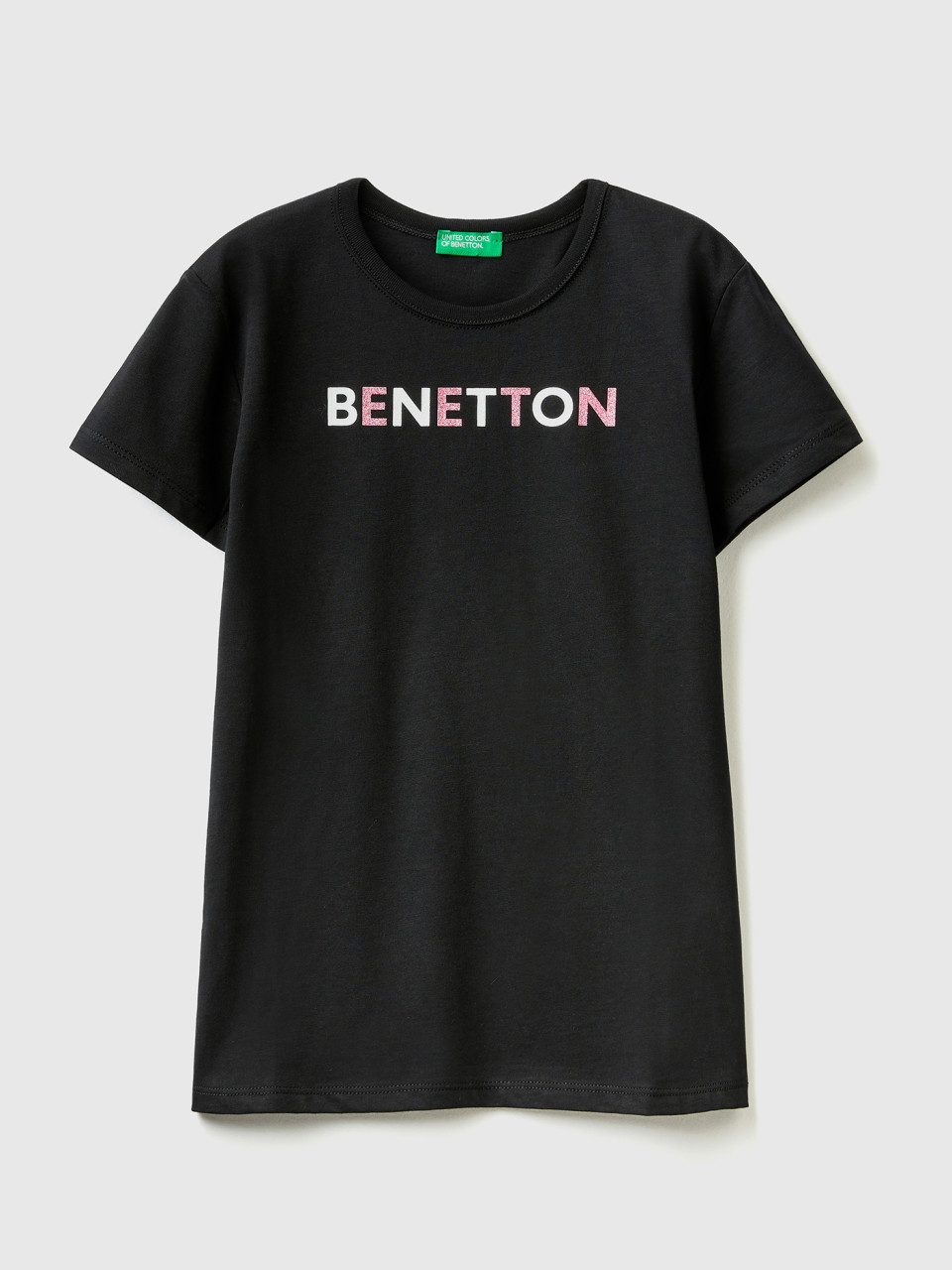 Benetton, T-shirt À Logo Pailleté En Coton Bio, Noir, Enfants