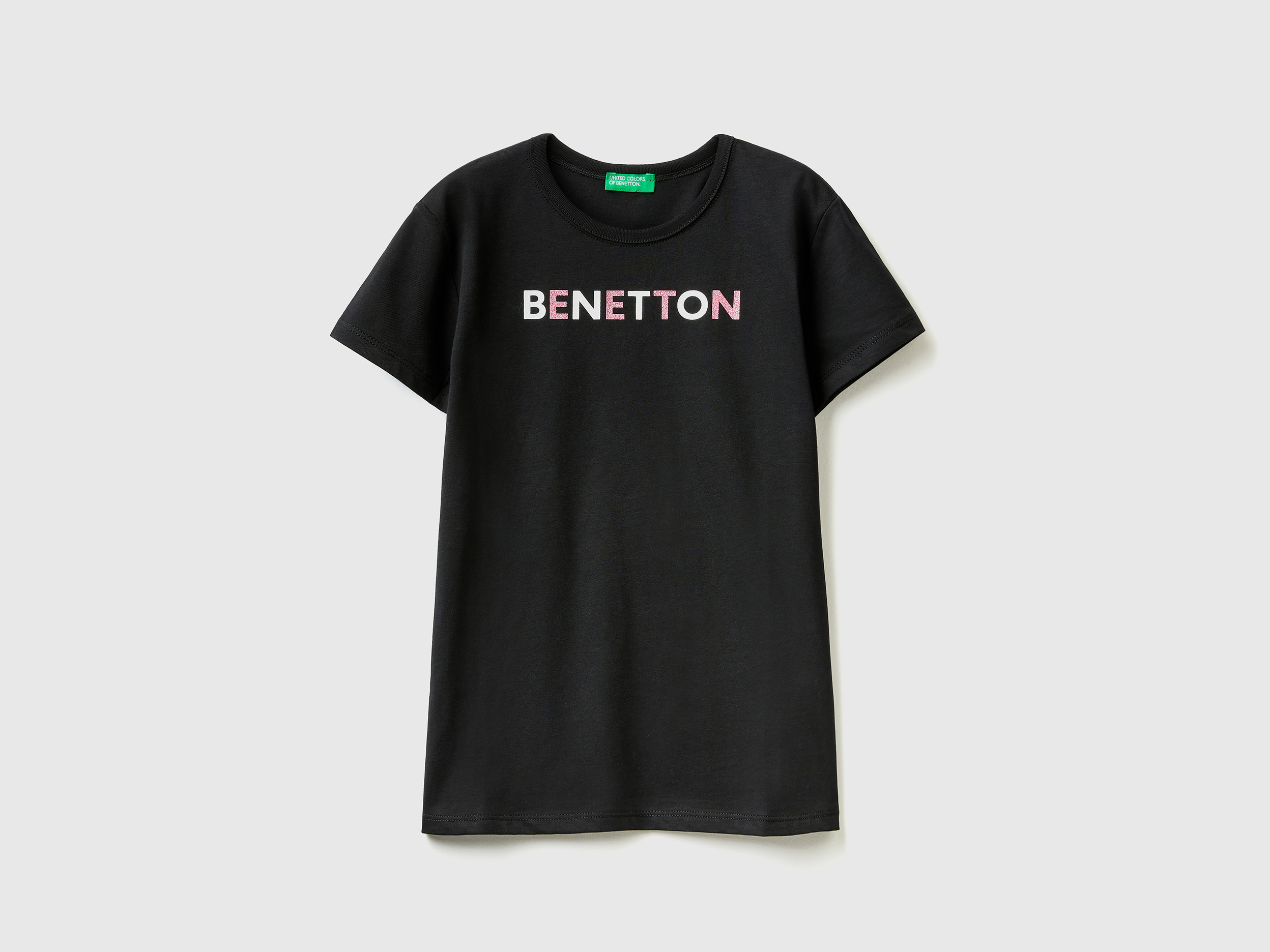 Benetton, T-shirt With Glittery Logo In Organic Cotton, size S, Black, Kids