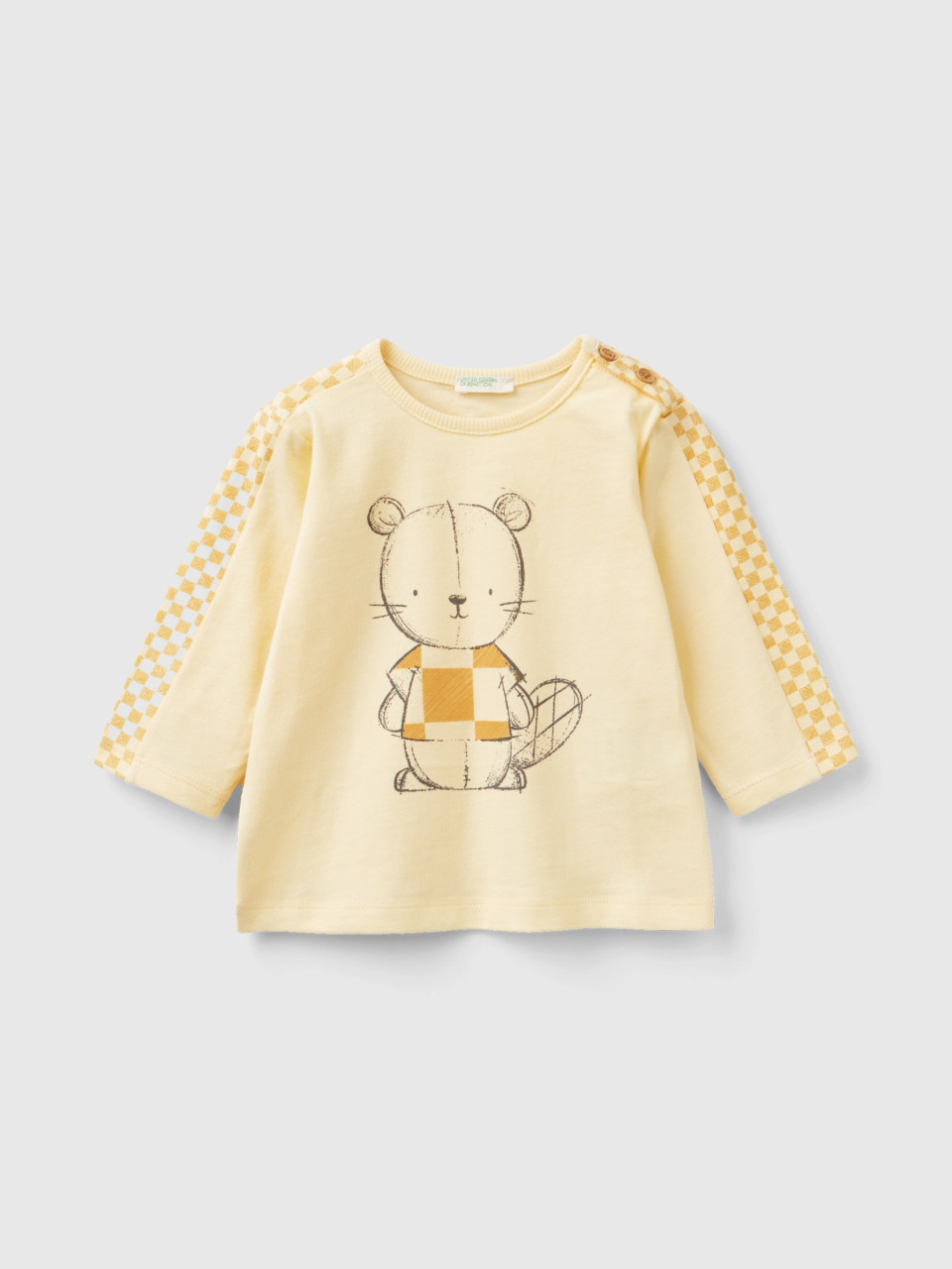 Benetton, Optical T-shirt With Teddy Bear Print, Yellow, Kids