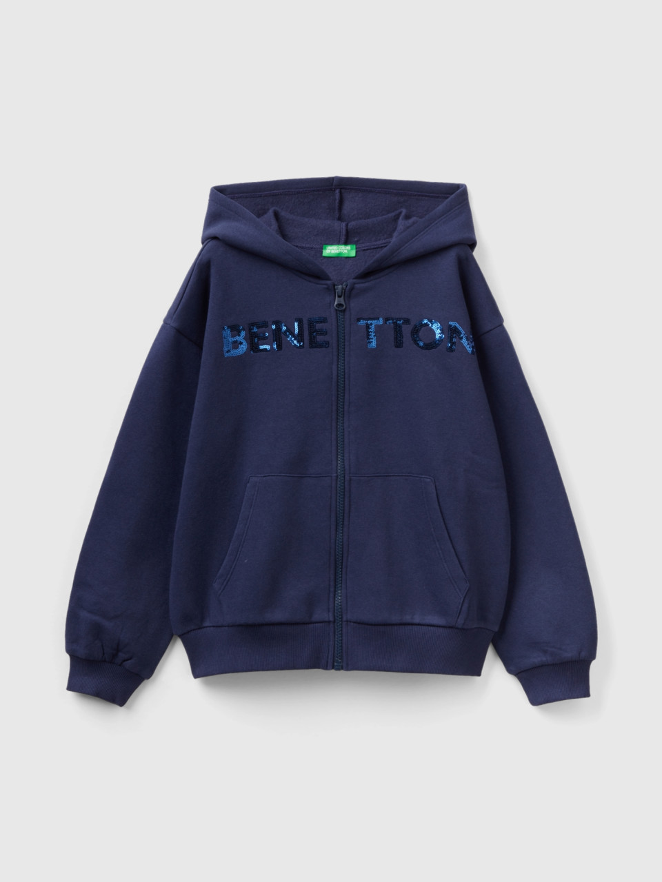 Benetton, Sweatshirt With Zip And Sequins, Dark Blue, Kids