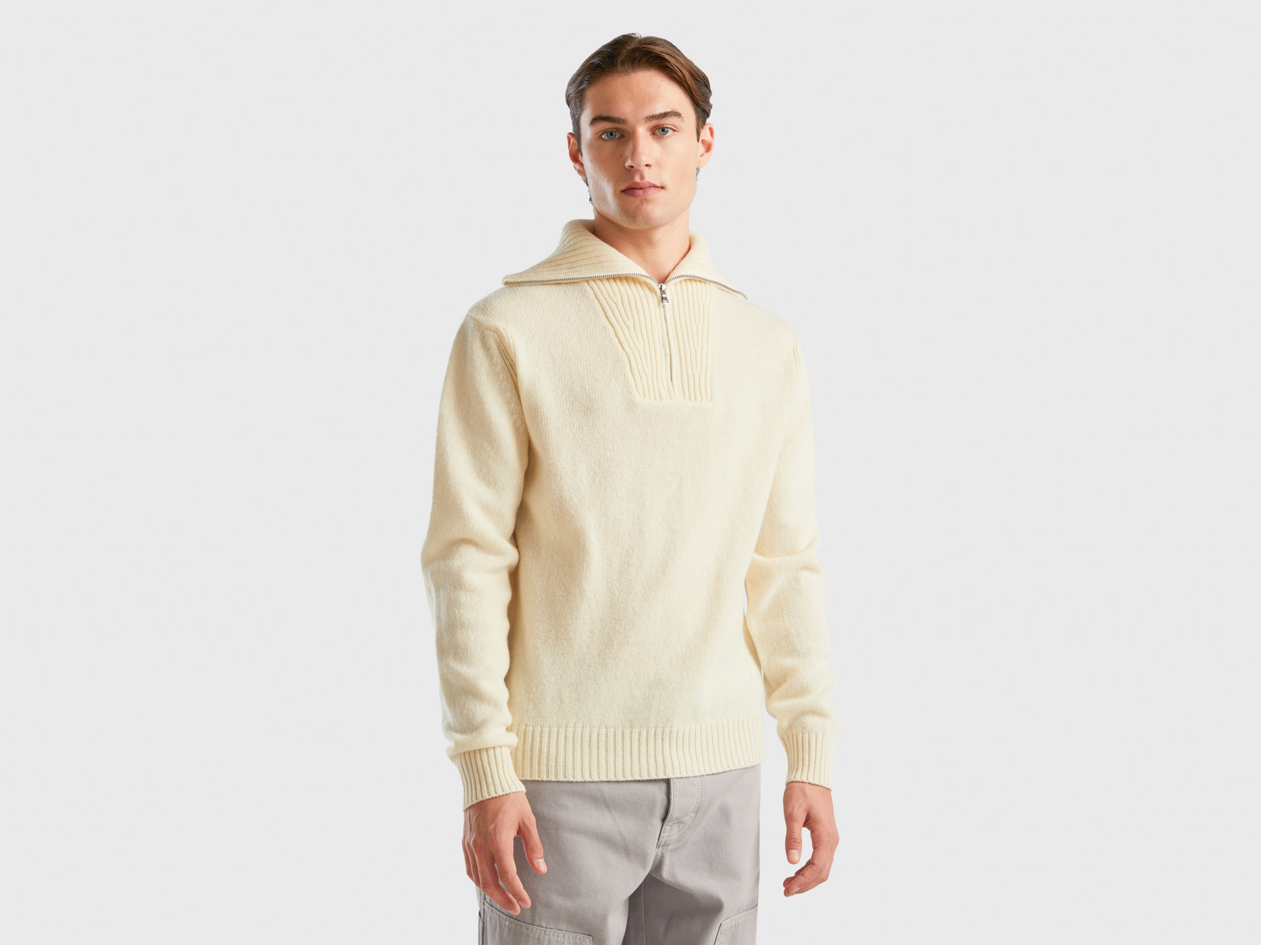Benetton, Cream White Sweater In Pure Shetland Wool, size S, Creamy White, Men