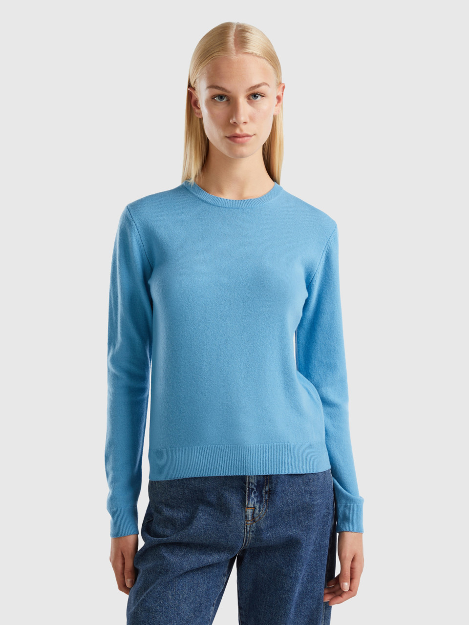 Benetton, Light Blue Crew Neck Sweater In Merino Wool, Light Blue, Women