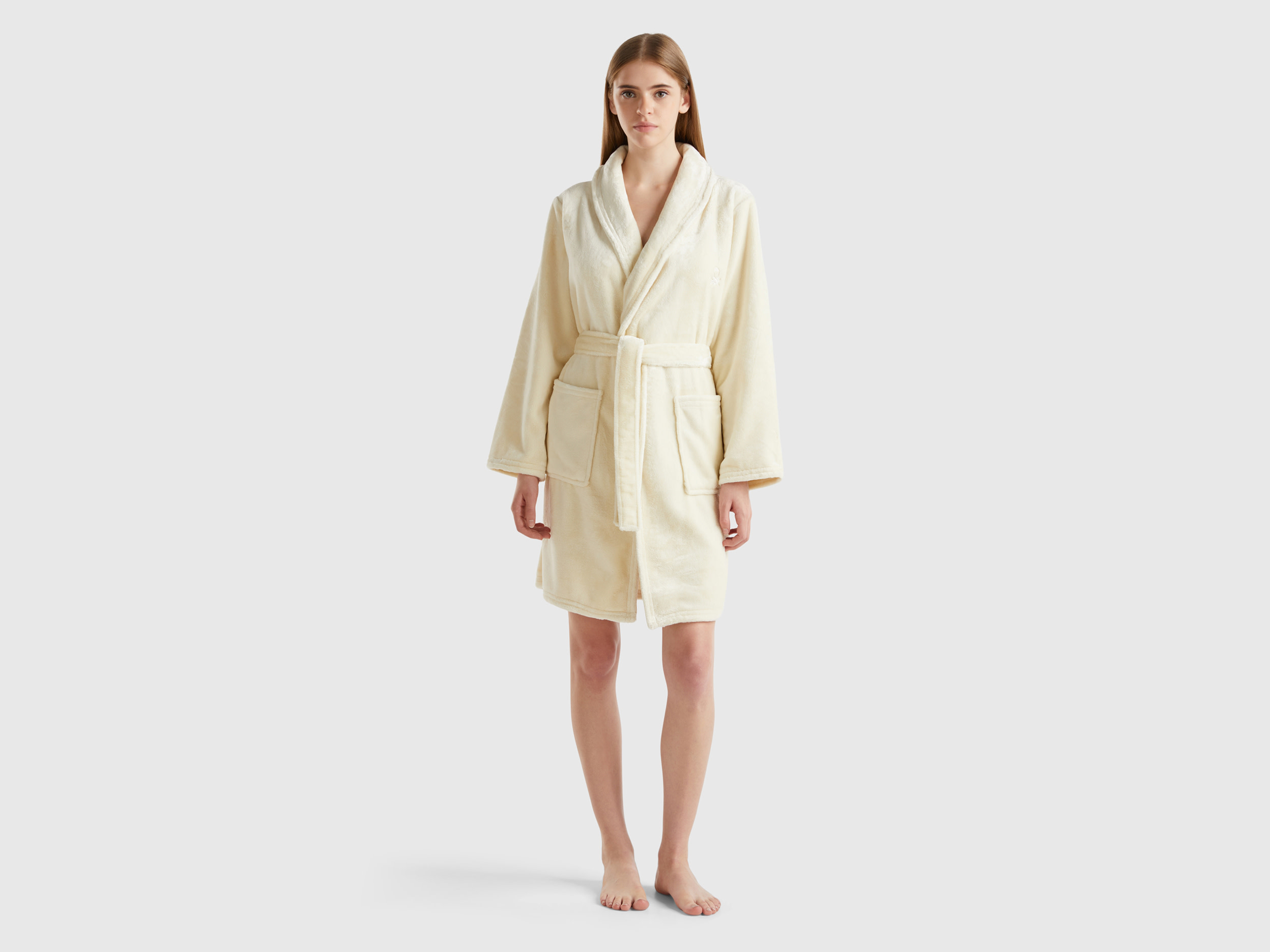 Benetton, Vestaglia In Pelliccetta Sintetica, Bianco Panna, Donna