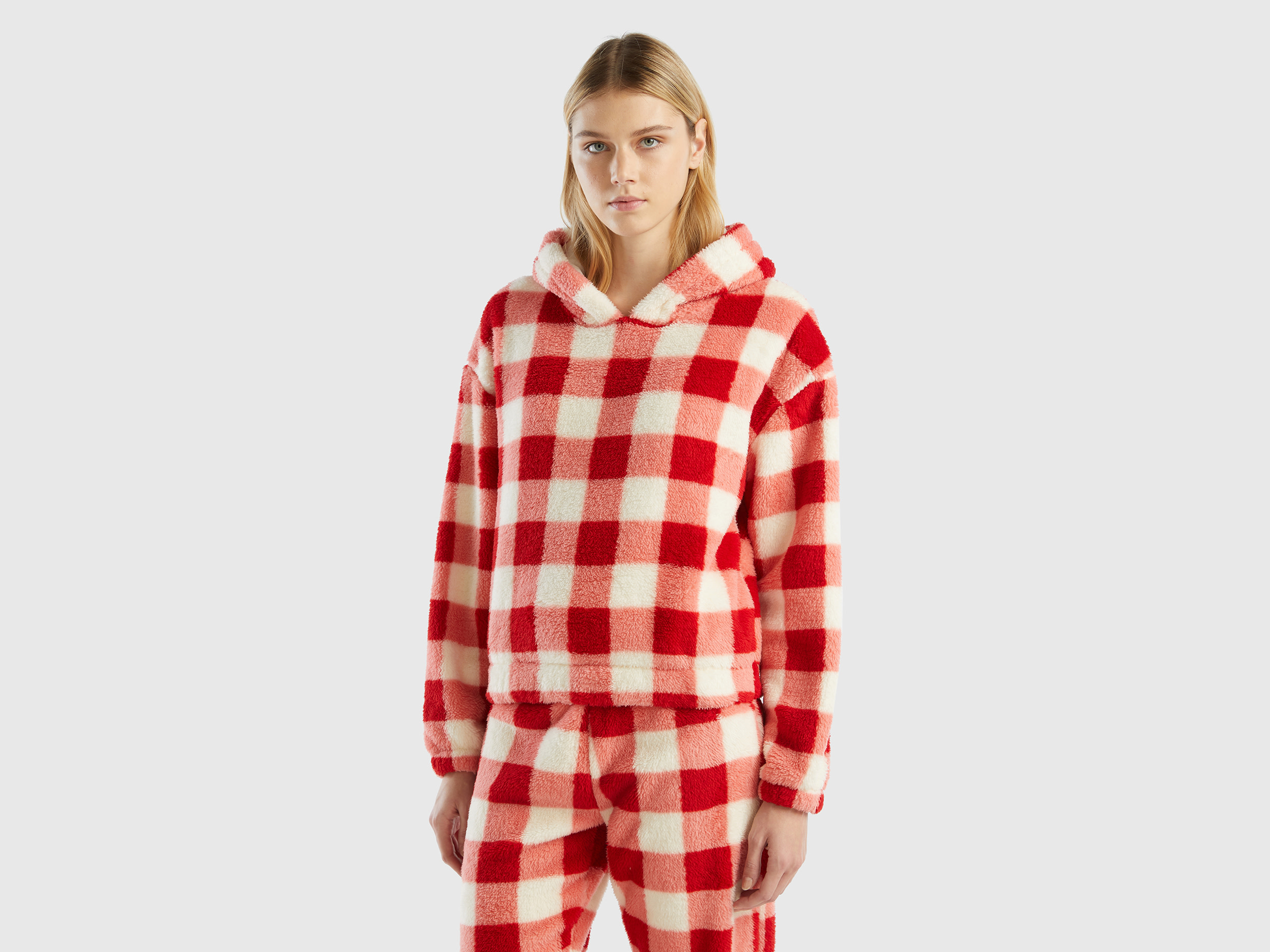 Benetton, Hooded Top In Checked Fur, size M, Red, Women