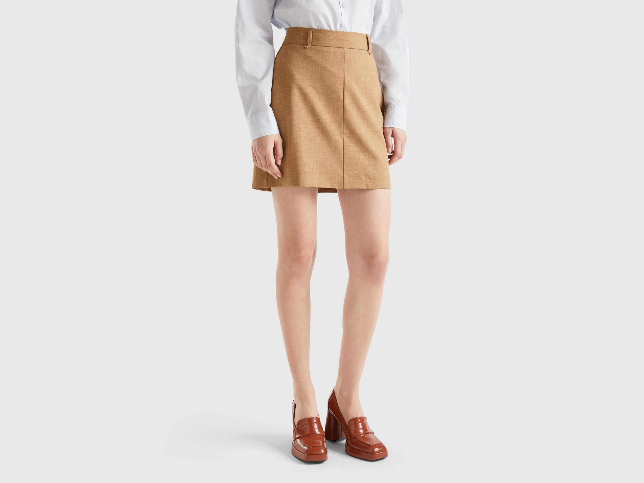 Benetton, Mini Skirt With Side Zipper, size 16, Camel, Women
