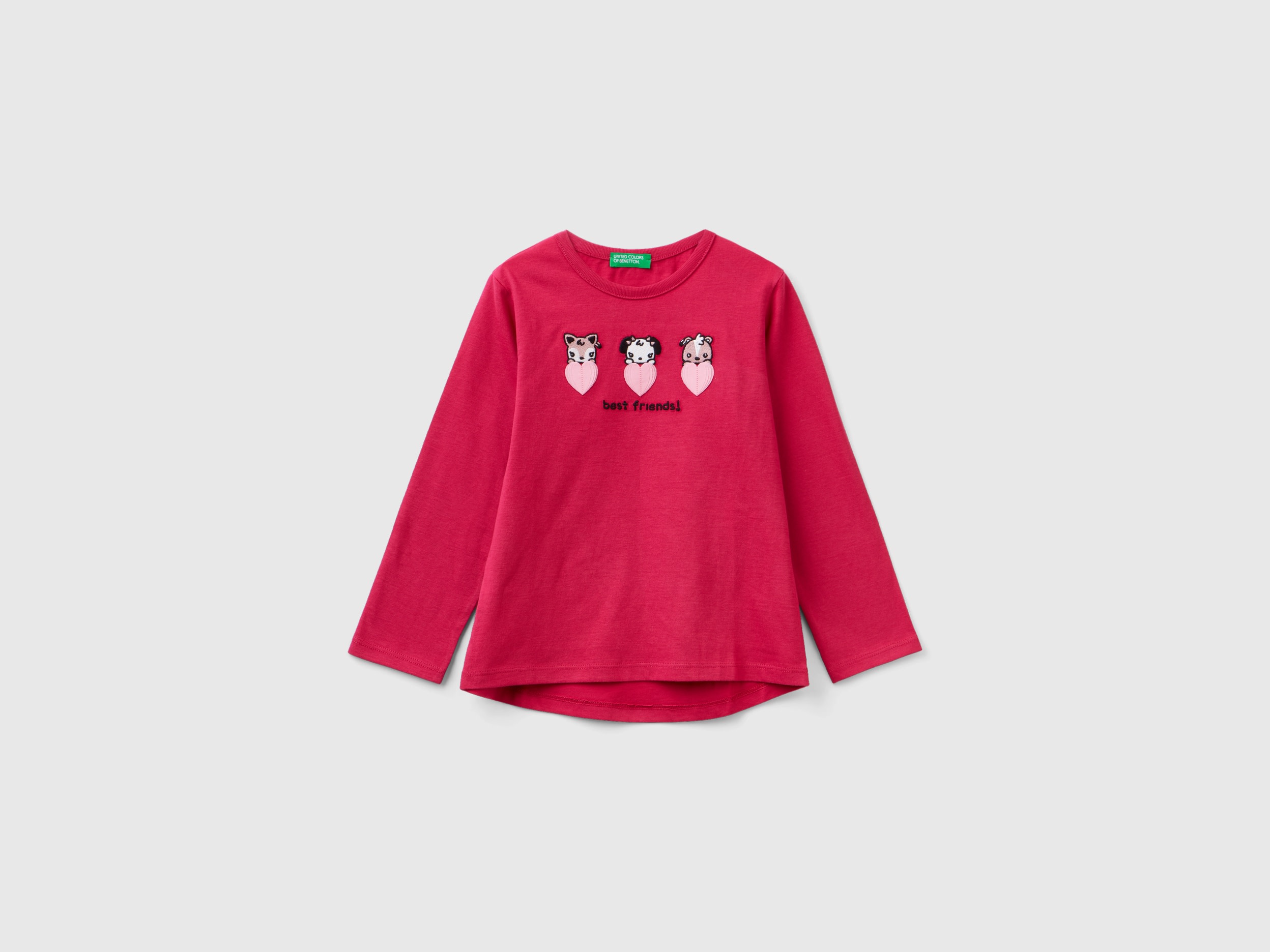 Benetton, T-shirt With Embroidery And Appliques, size 2-3, Cyclamen, Kids
