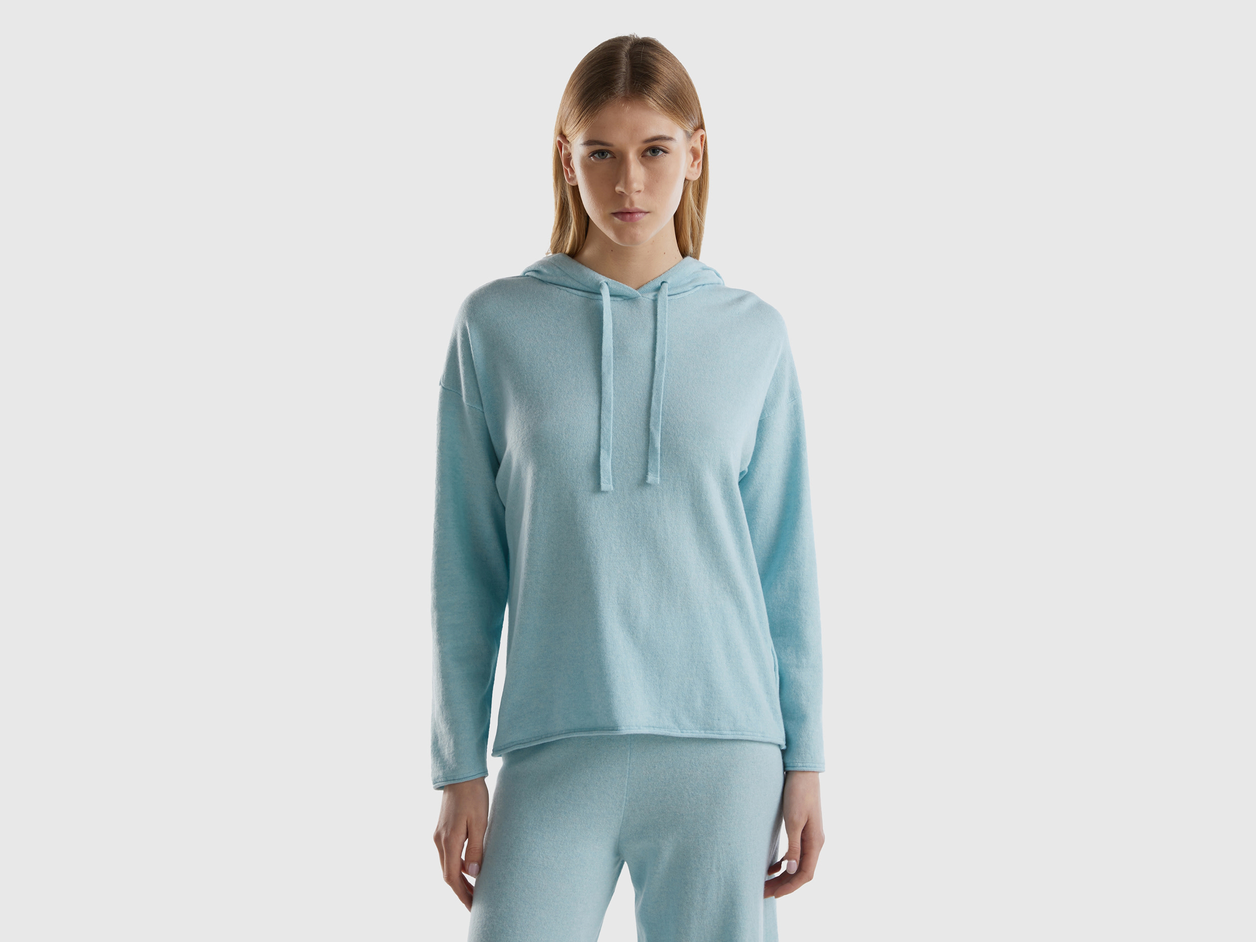 Benetton, Light Gray Cashmere Blend Sweater With Hood, size L, Light Gray, Women