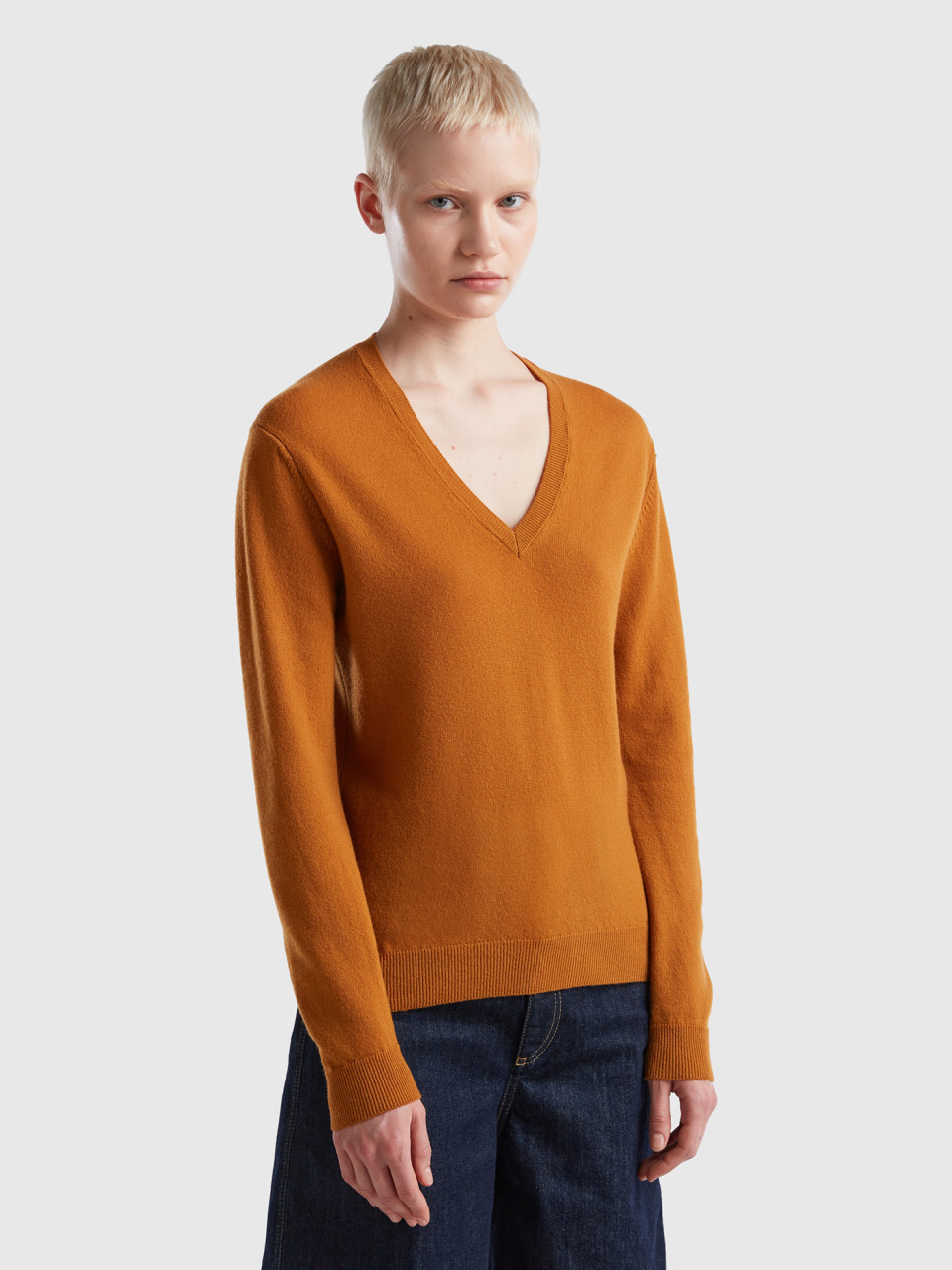 Benetton, Tobacco V-neck Sweater In Pure Merino Wool, , Women