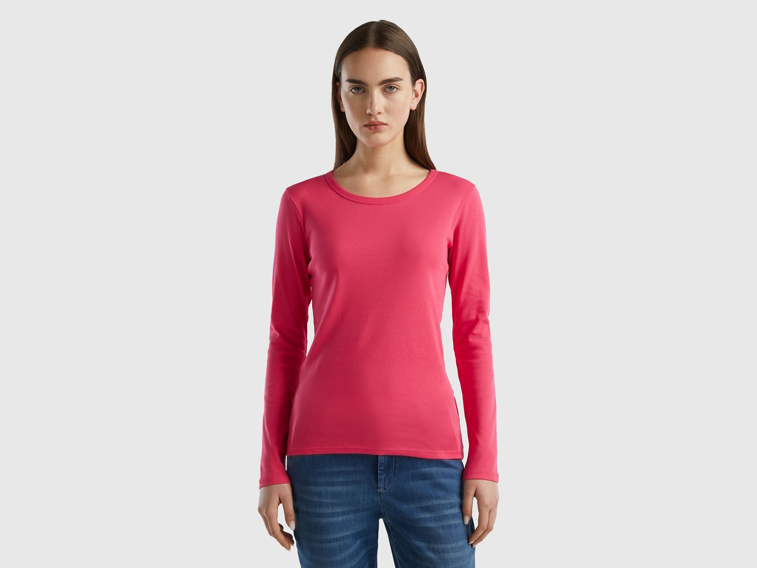 Benetton, Long Sleeve Pure Cotton T-shirt, size XL, Fuchsia, Women