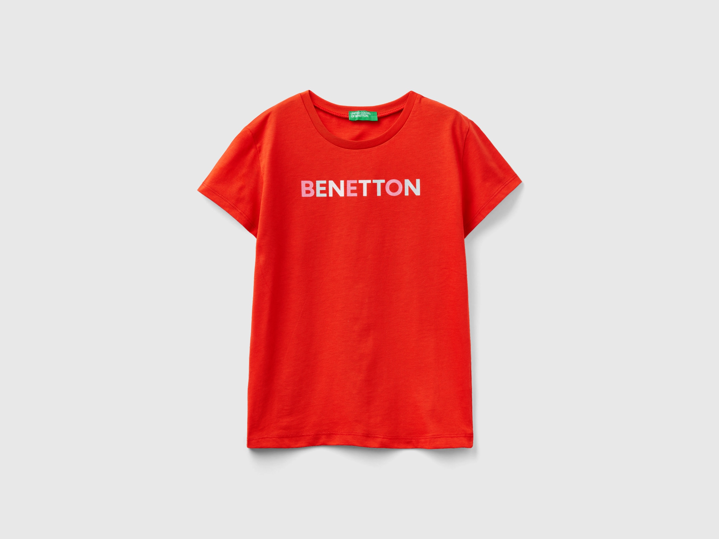 Benetton, T-shirt With Glittery Logo In Organic Cotton, size M, Red, Kids