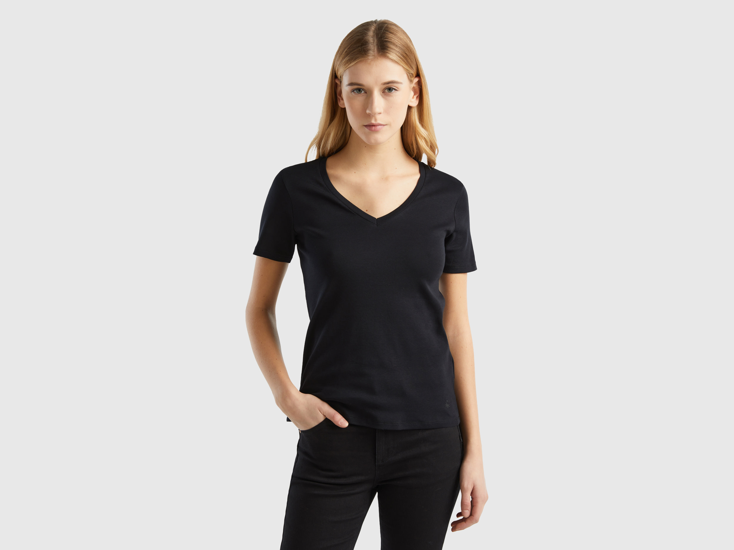 Benetton, Pure Cotton T-shirt With V-neck, size XXS, Black, Women