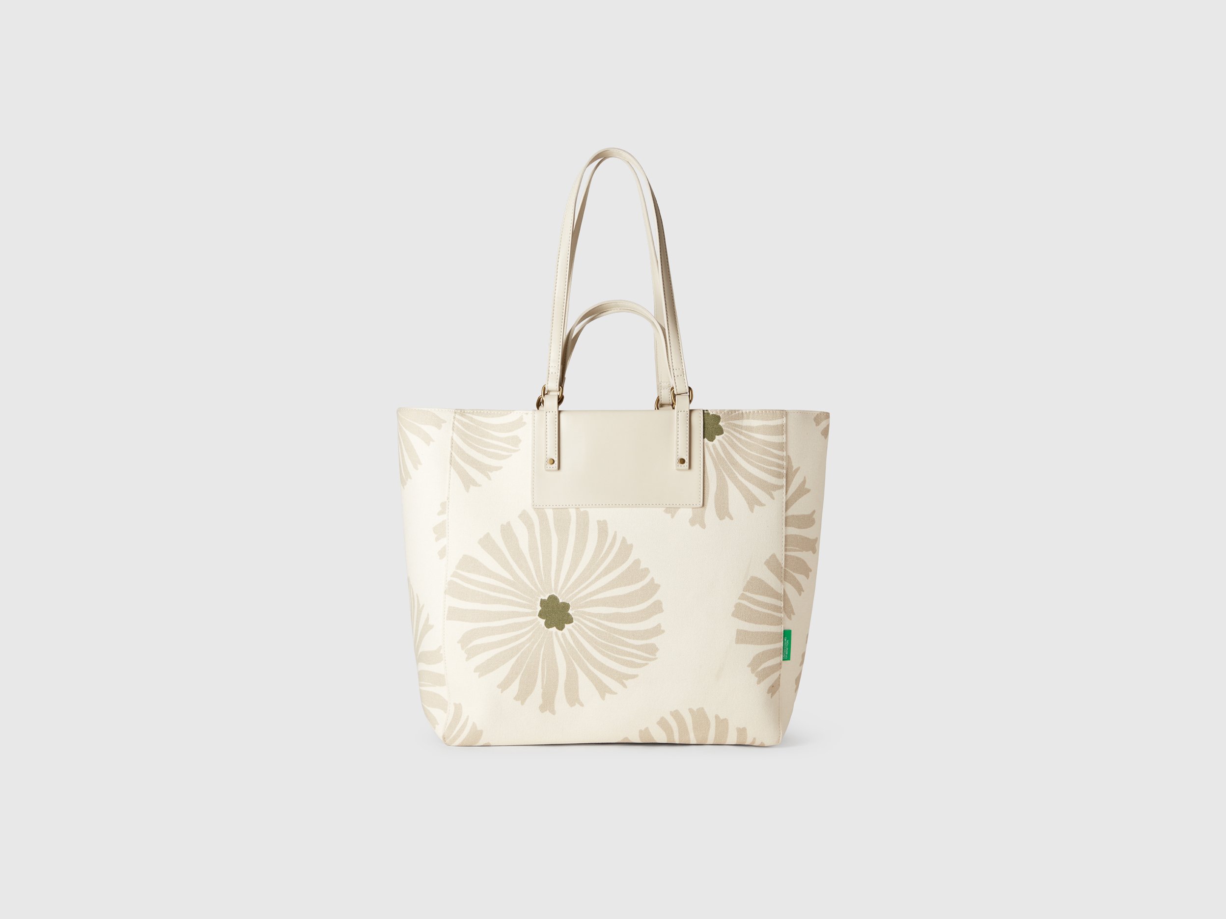 Benetton, White Tote Bag With Flower Print, size OS, Creamy White, Women