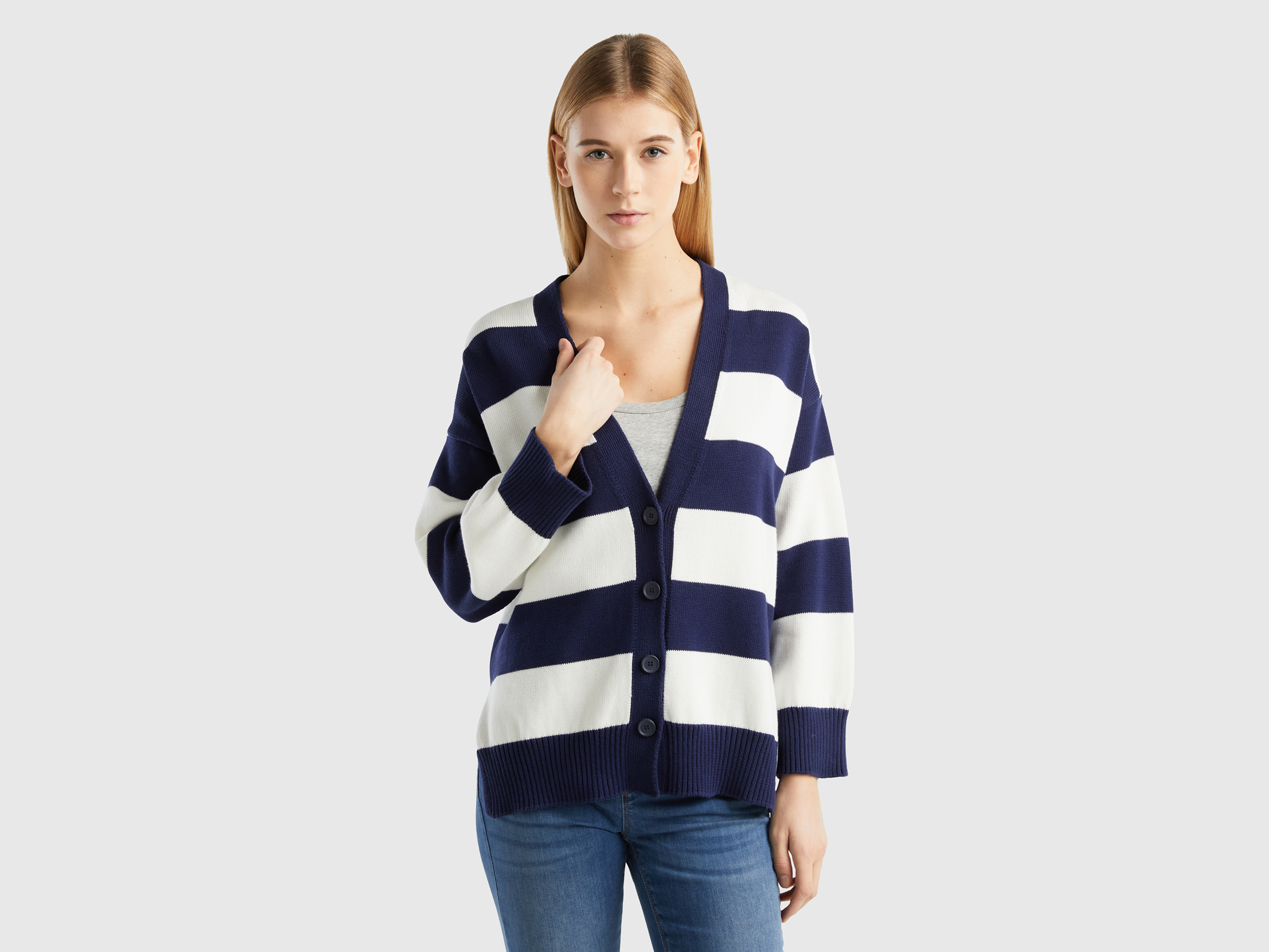 Benetton, Striped Cardigan In Tricot Cotton, size XS, Dark Blue, Women