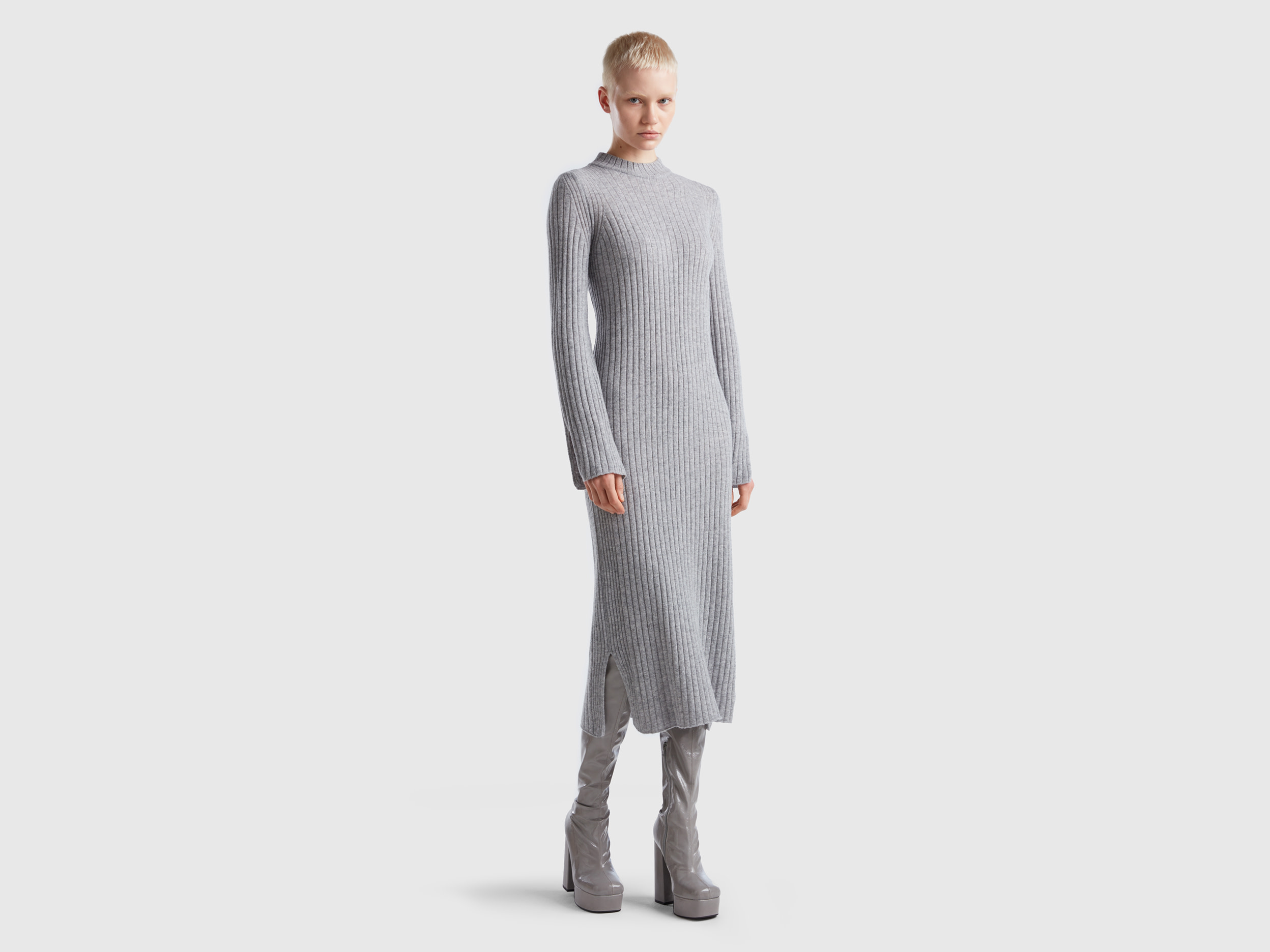Benetton, Knit Dress With Slits, size S, Light Gray, Women