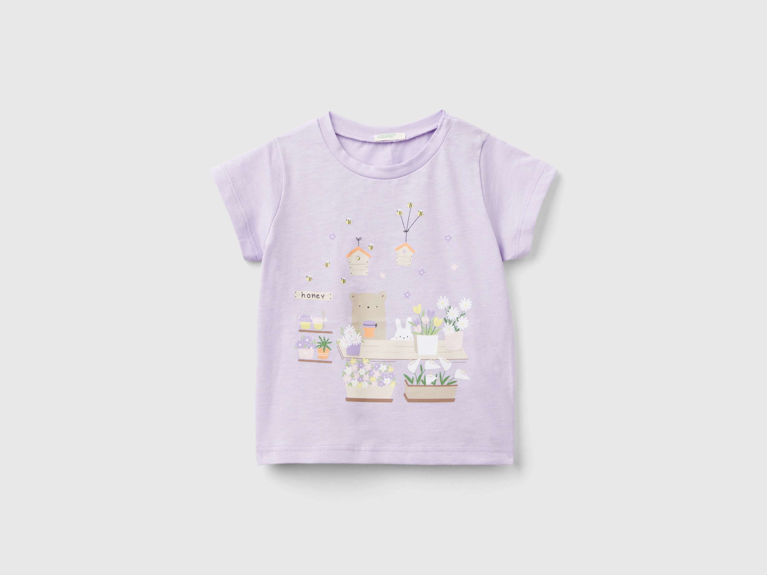 Benetton, T-shirt In Organic Cotton With Print, size 1-3, Lilac, Kids