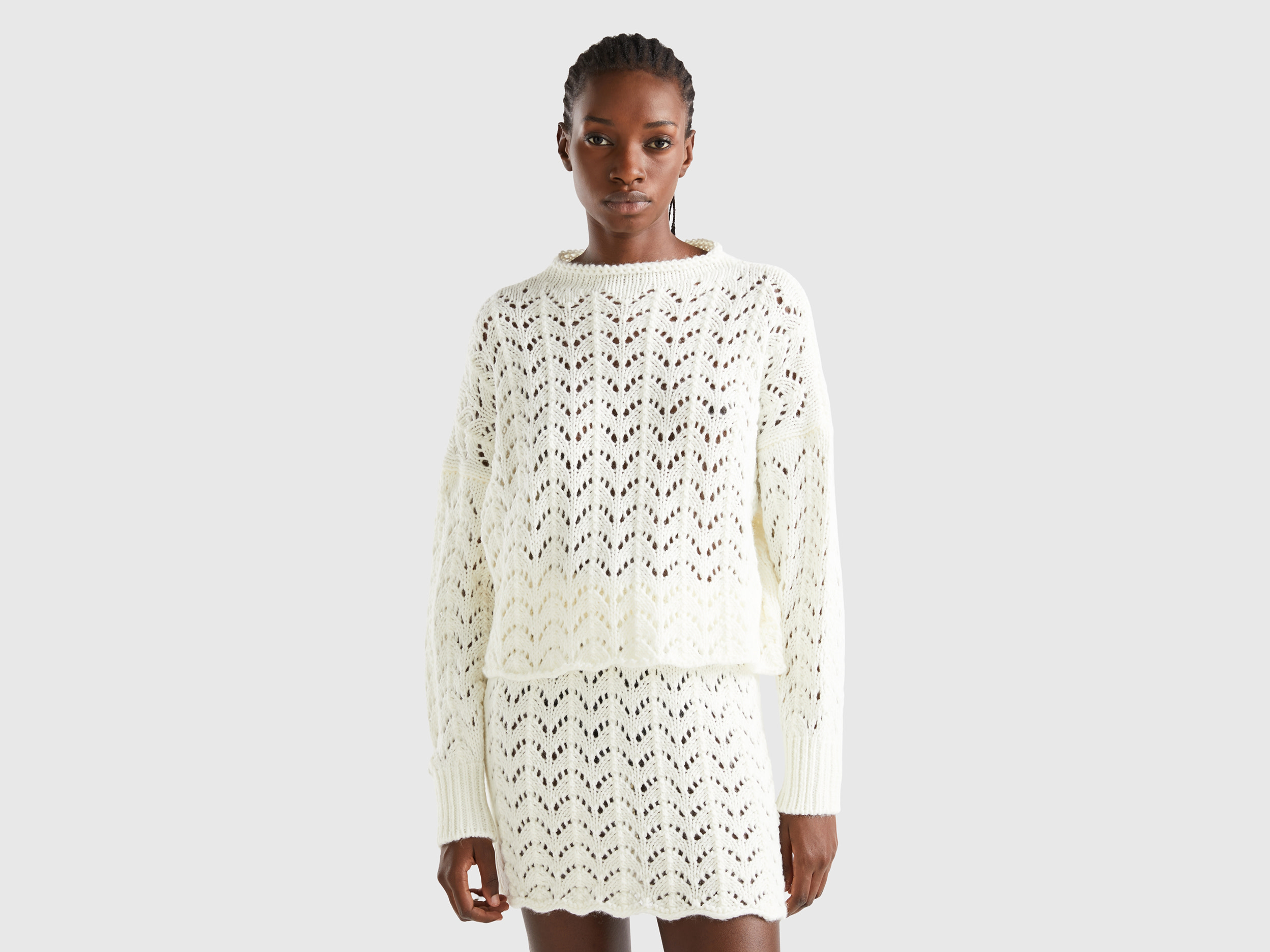 Benetton, Crochet Effect Sweater, size XS-S, Creamy White, Women