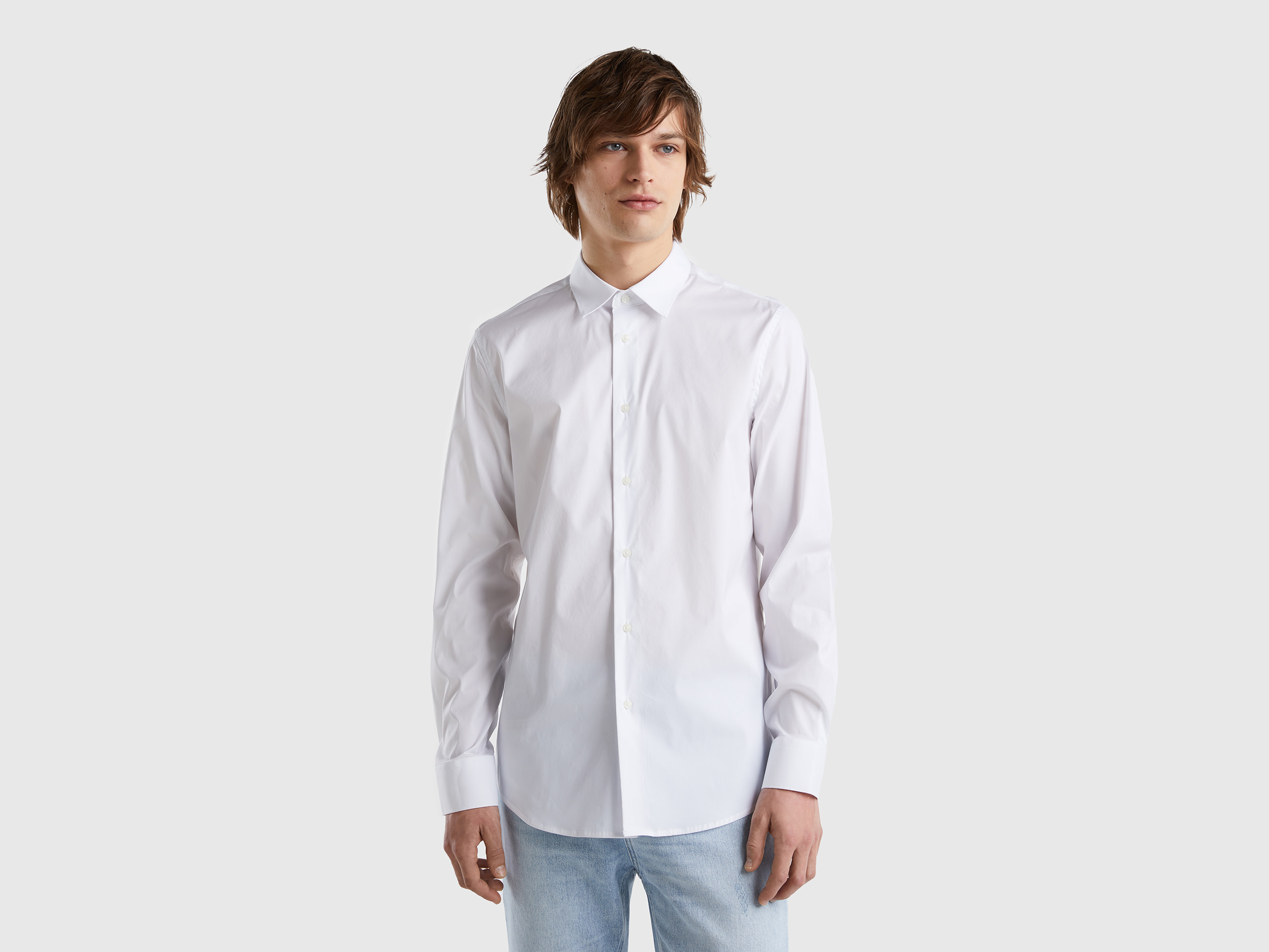 Benetton, Solid Color Slim Fit Shirt, size XXXL, White, Men