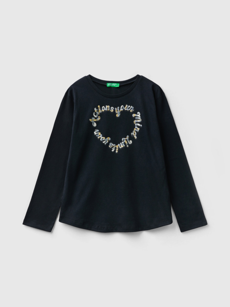 Benetton, Warm Cotton T-shirt With Glittery Print, Black, Kids