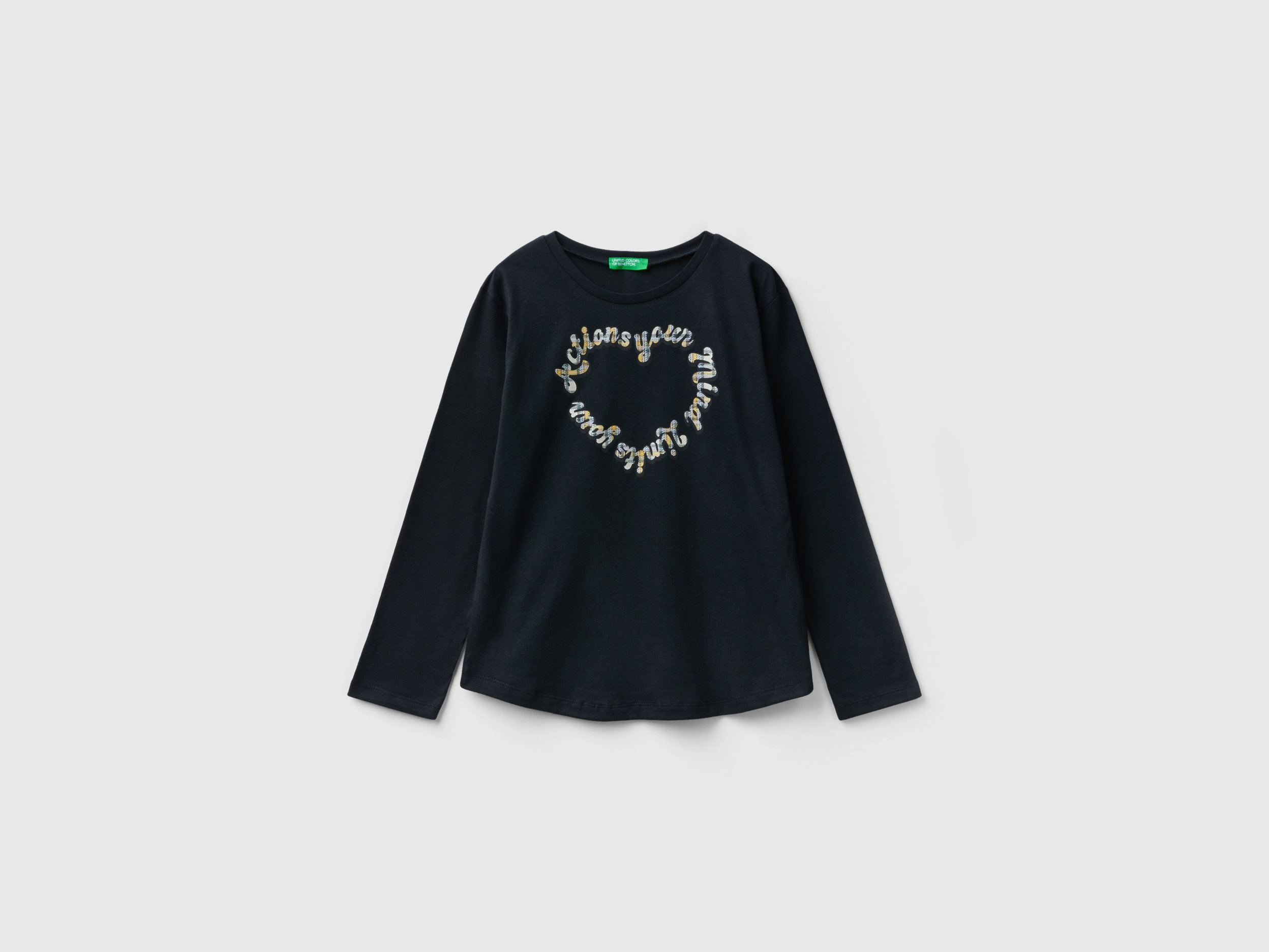 Benetton, Warm Cotton T-shirt With Glittery Print, size 2XL, Black, Kids