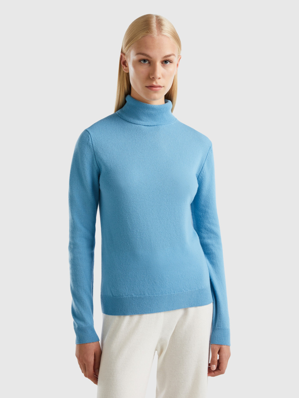 Benetton, Light Blue Turtleneck In Pure Merino Wool, Light Blue, Women
