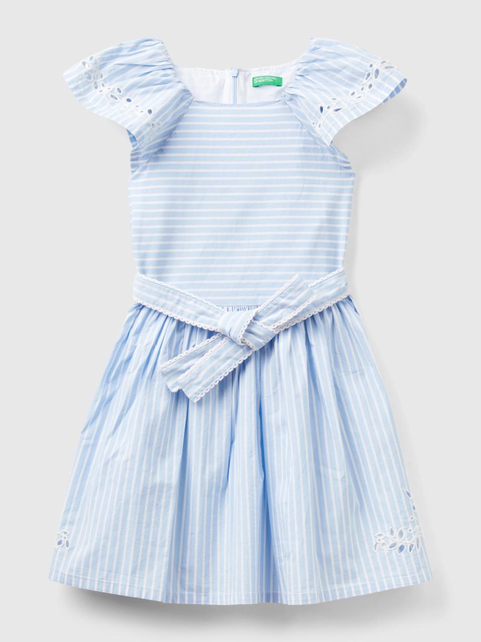 Benetton, Striped Dress With Embroidery, Sky Blue, Kids