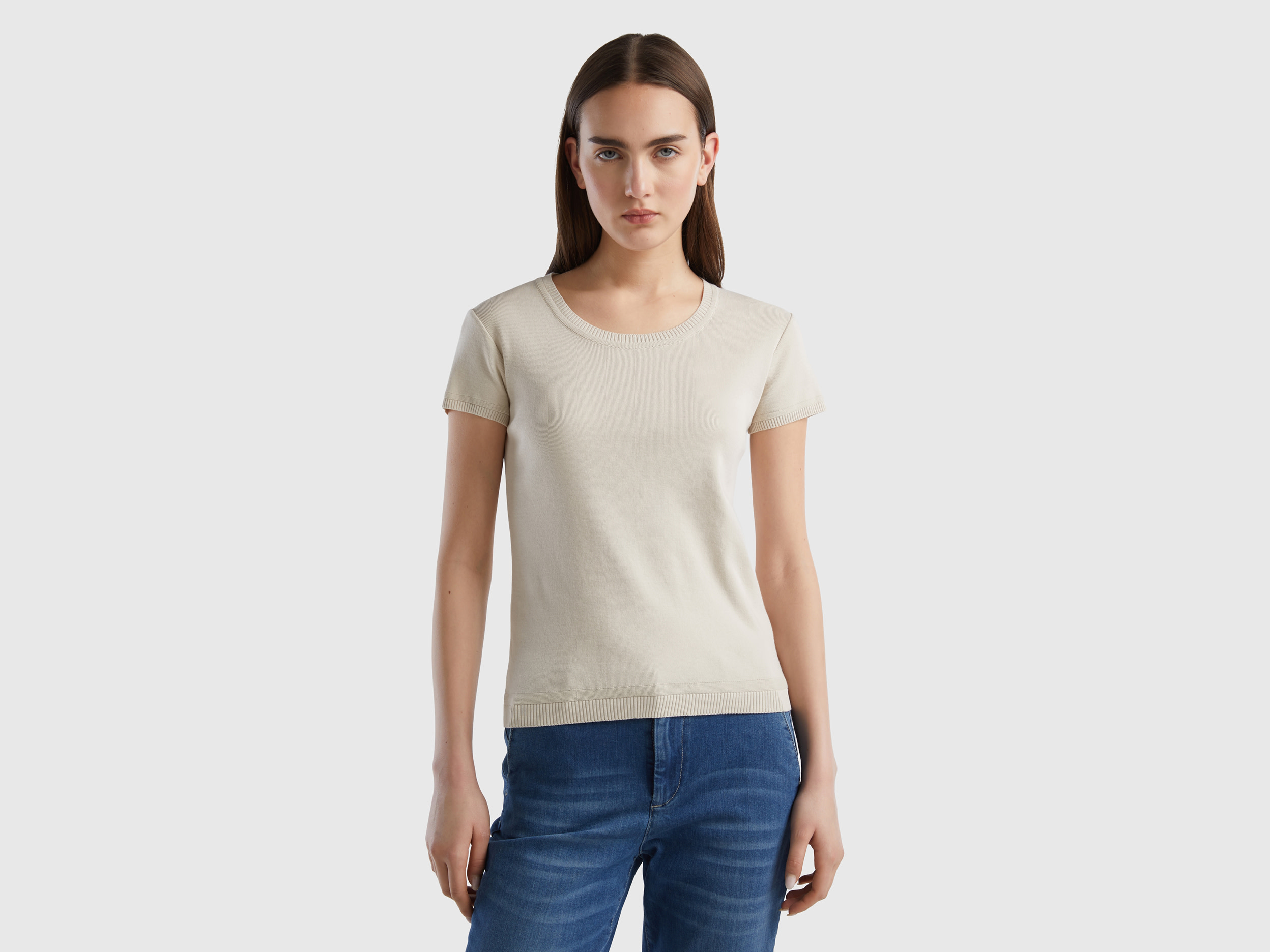 Benetton Online exclusive, Short Sleeve Sweater In 100% Cotton, size L, Beige, Women