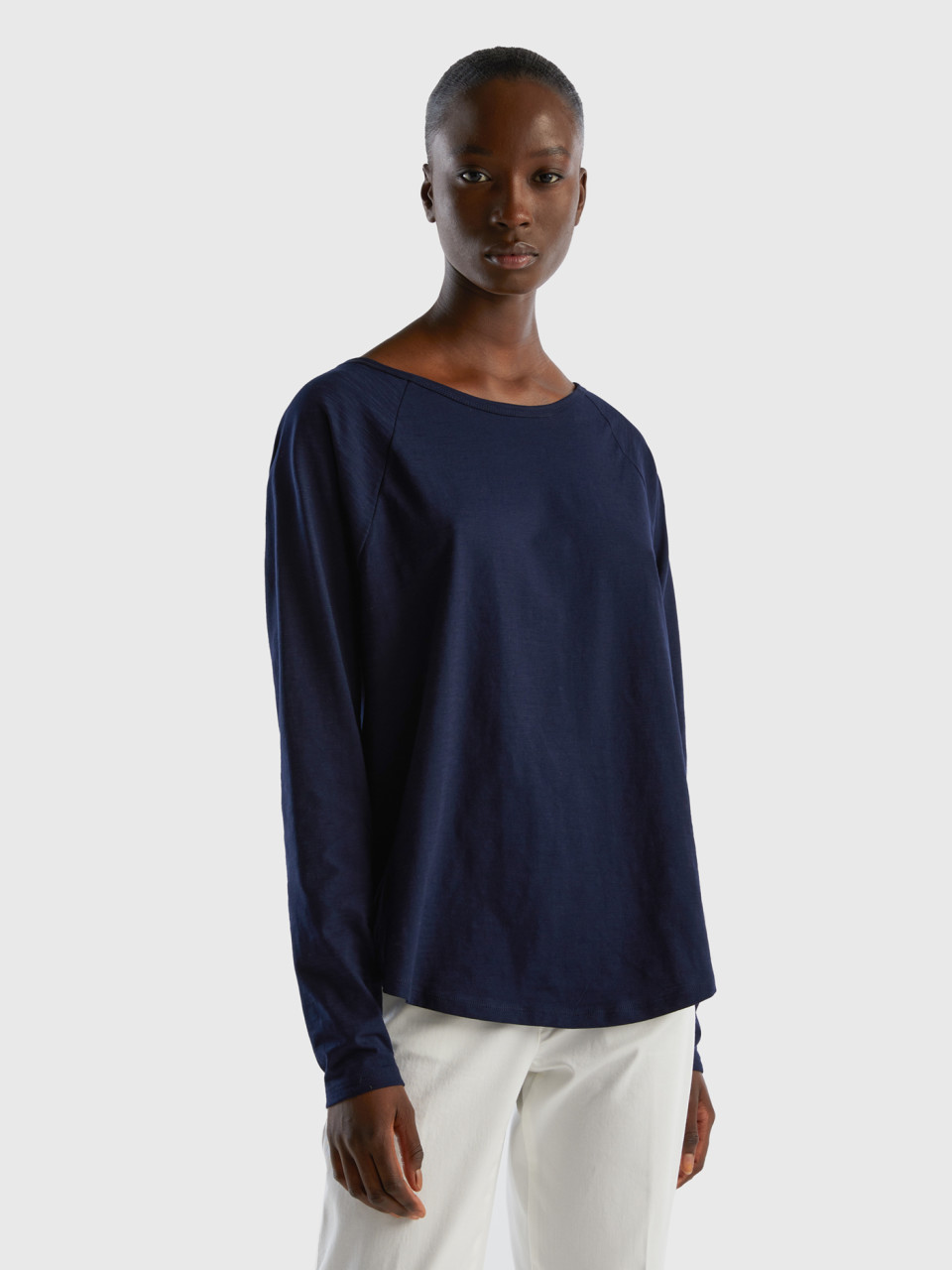 Benetton, T-shirt À Manches Longues En Pur Coton, Bleu Foncé, Femme