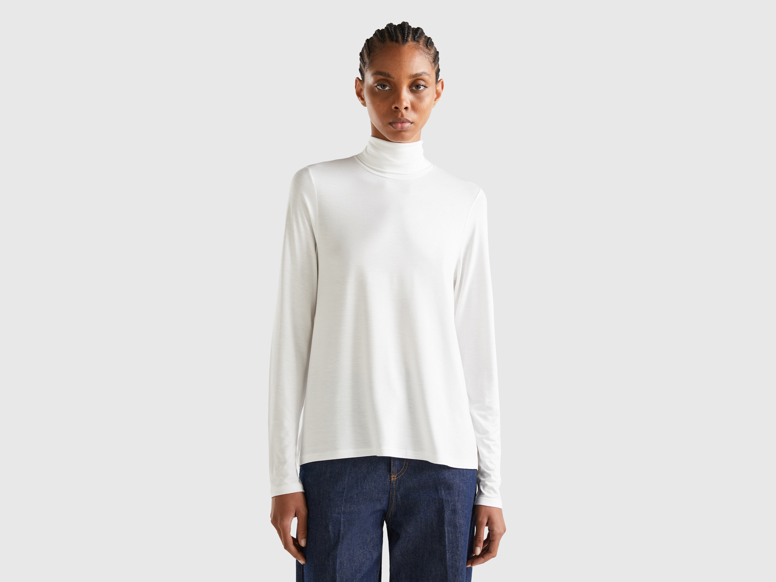 Benetton, Turtleneck T-shirt In Sustainable Stretch Viscose, size XS, Creamy White, Women