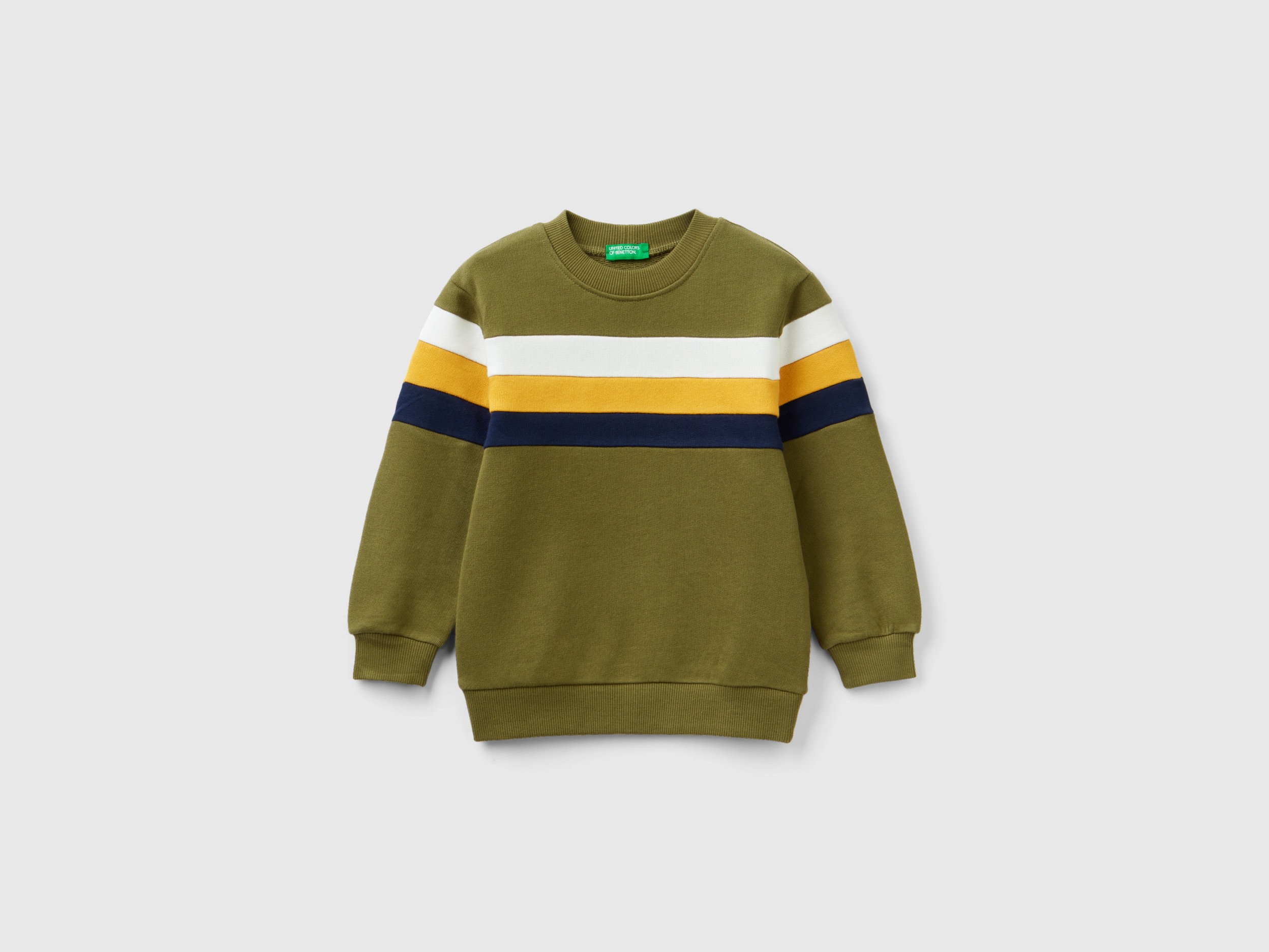 Benetton, Pullover Sweatshirt With Striped Band, size 12-18, Military Green, Kids