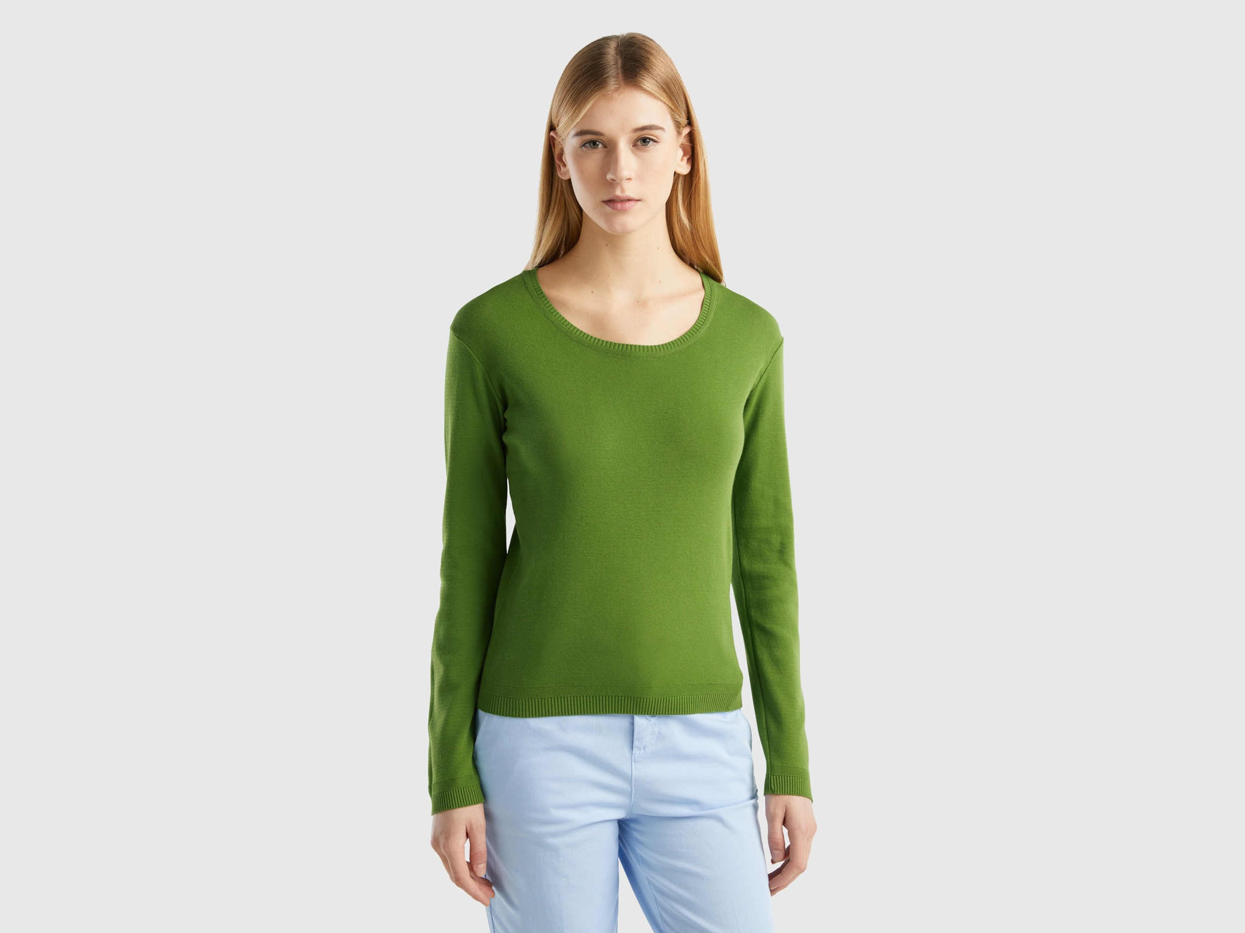 Benetton, Crew Neck Sweater In Pure Cotton, size XS, Military Green, Women