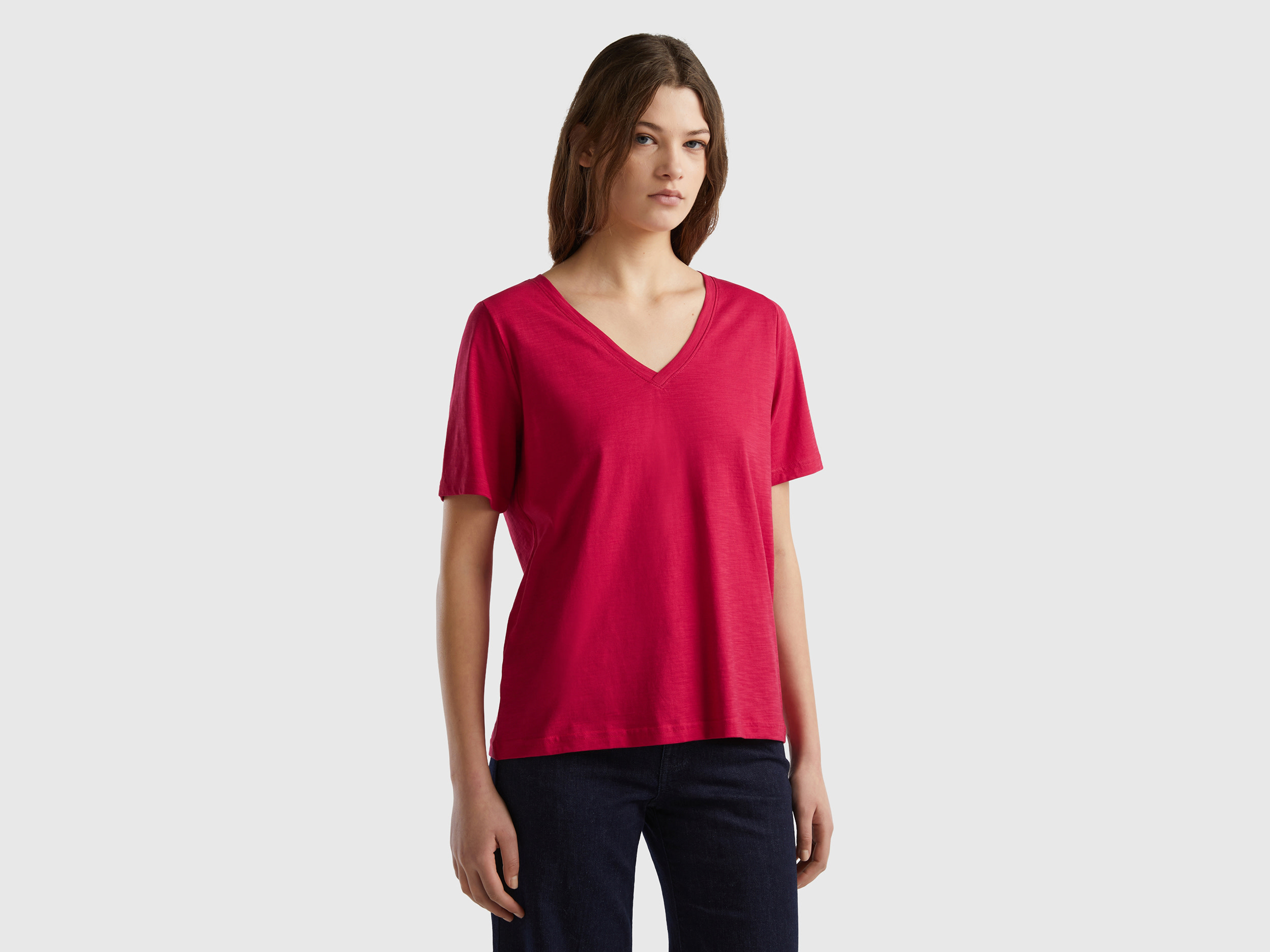Benetton, V-neck T-shirt In Slub Cotton, size S, Cyclamen, Women