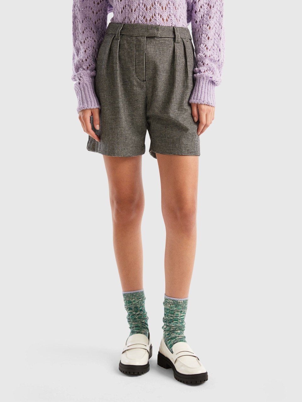 Benetton, Houndstooth Shorts, Gray, Women