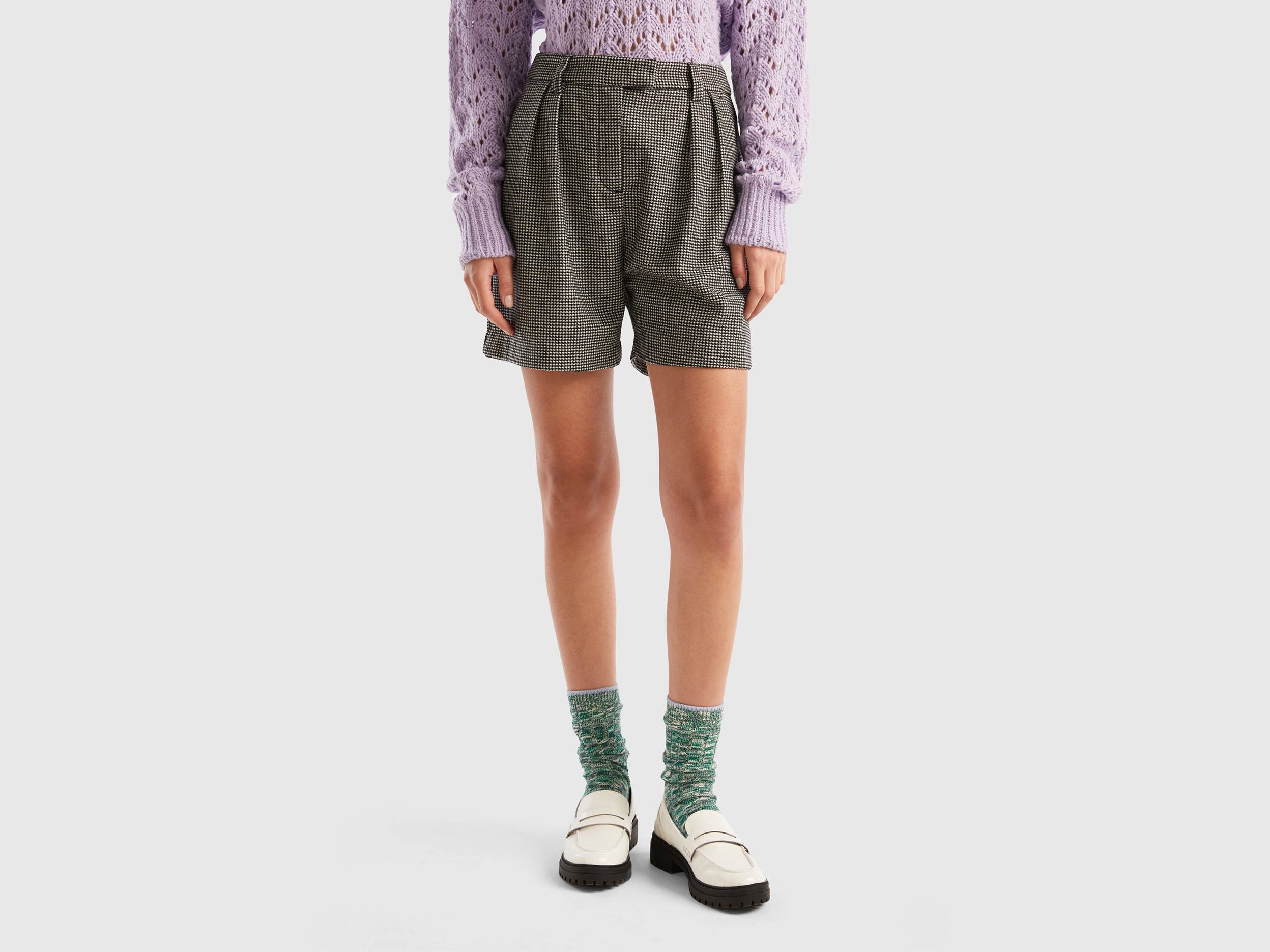 Benetton, Houndstooth Shorts, size 12, Gray, Women
