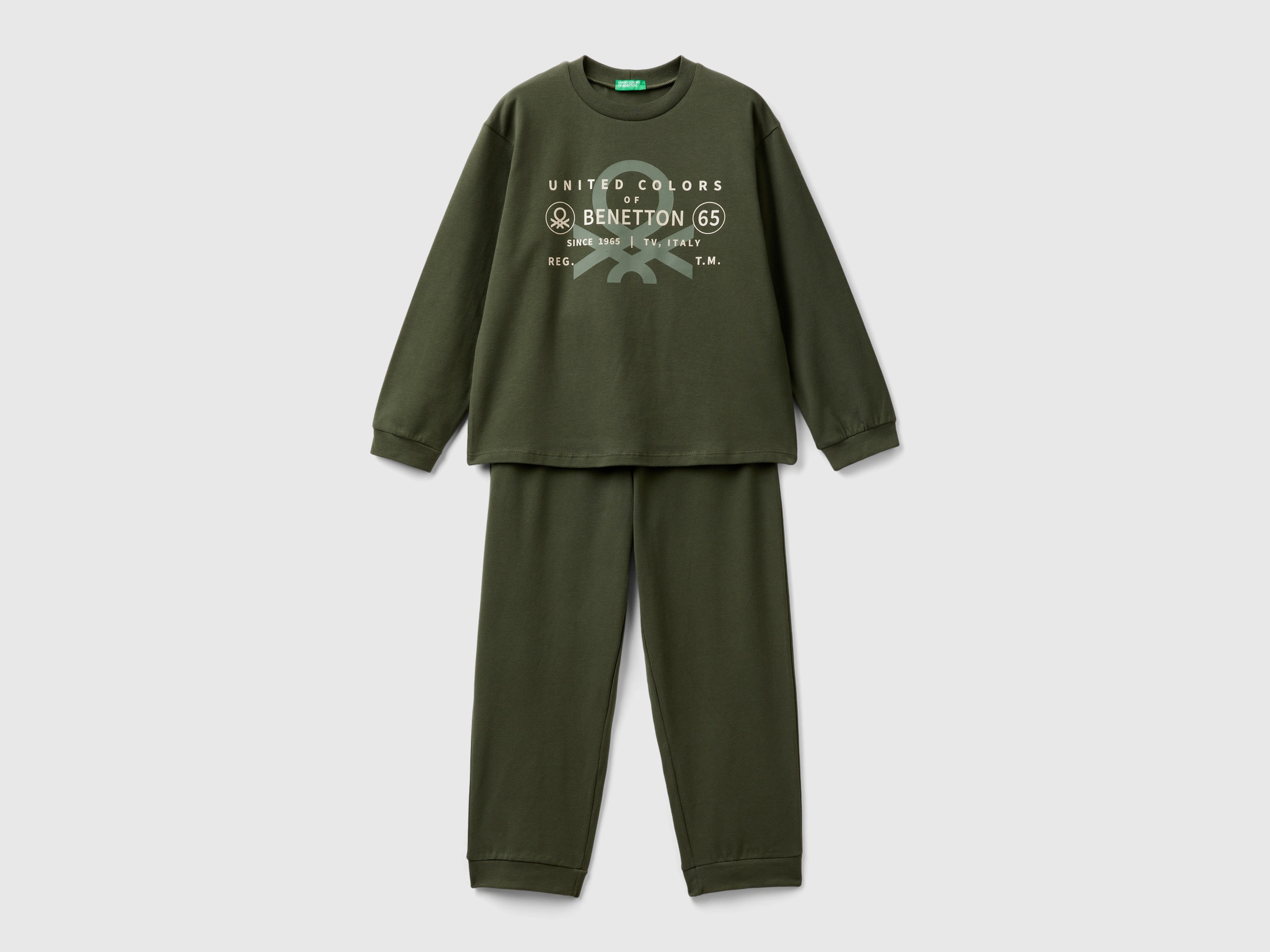 Benetton, Pigiama In Cotone Stretch, Verde Militare, Bambini