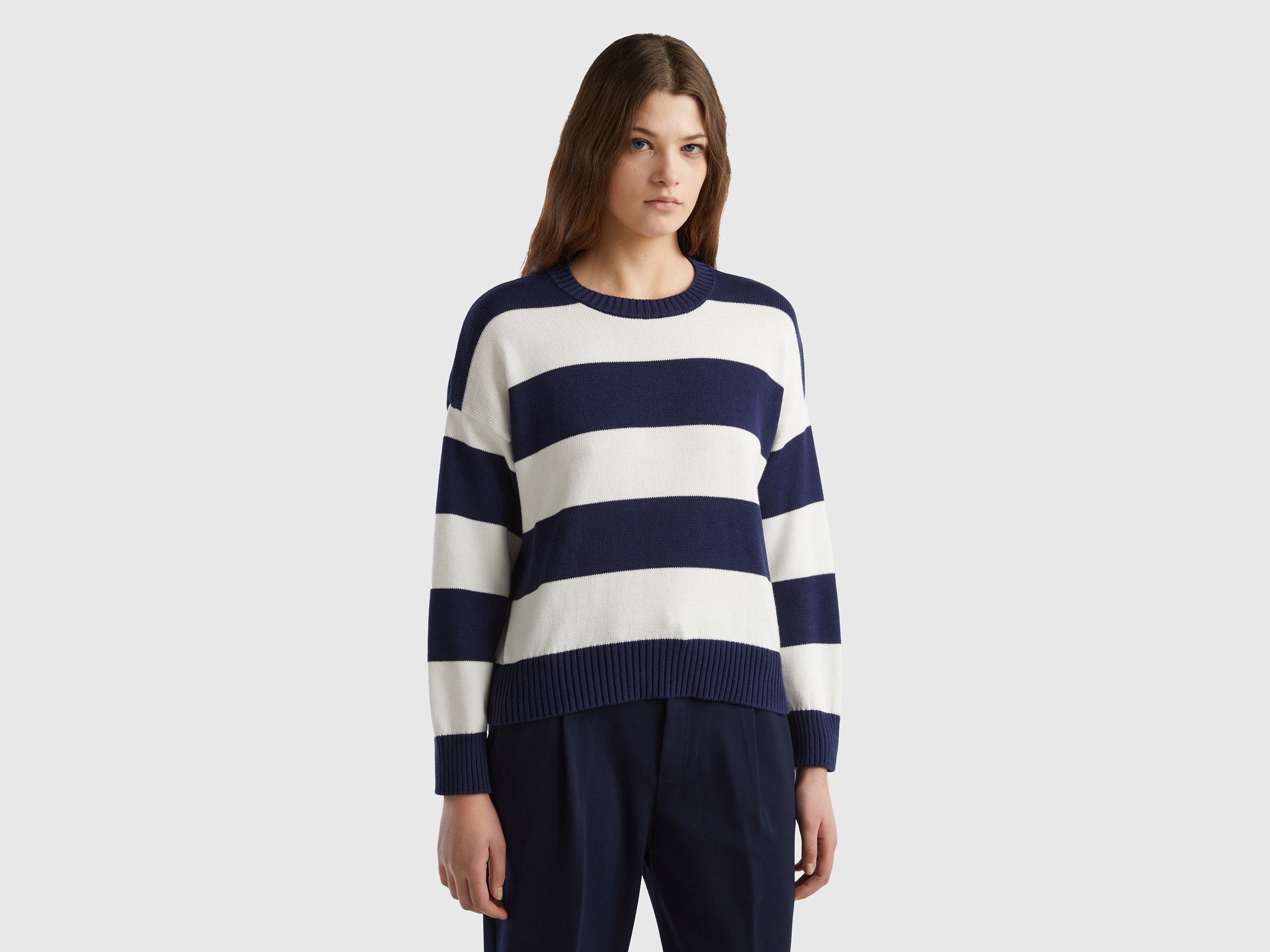 Benetton, Striped Sweater In Tricot Cotton, size L, Dark Blue, Women