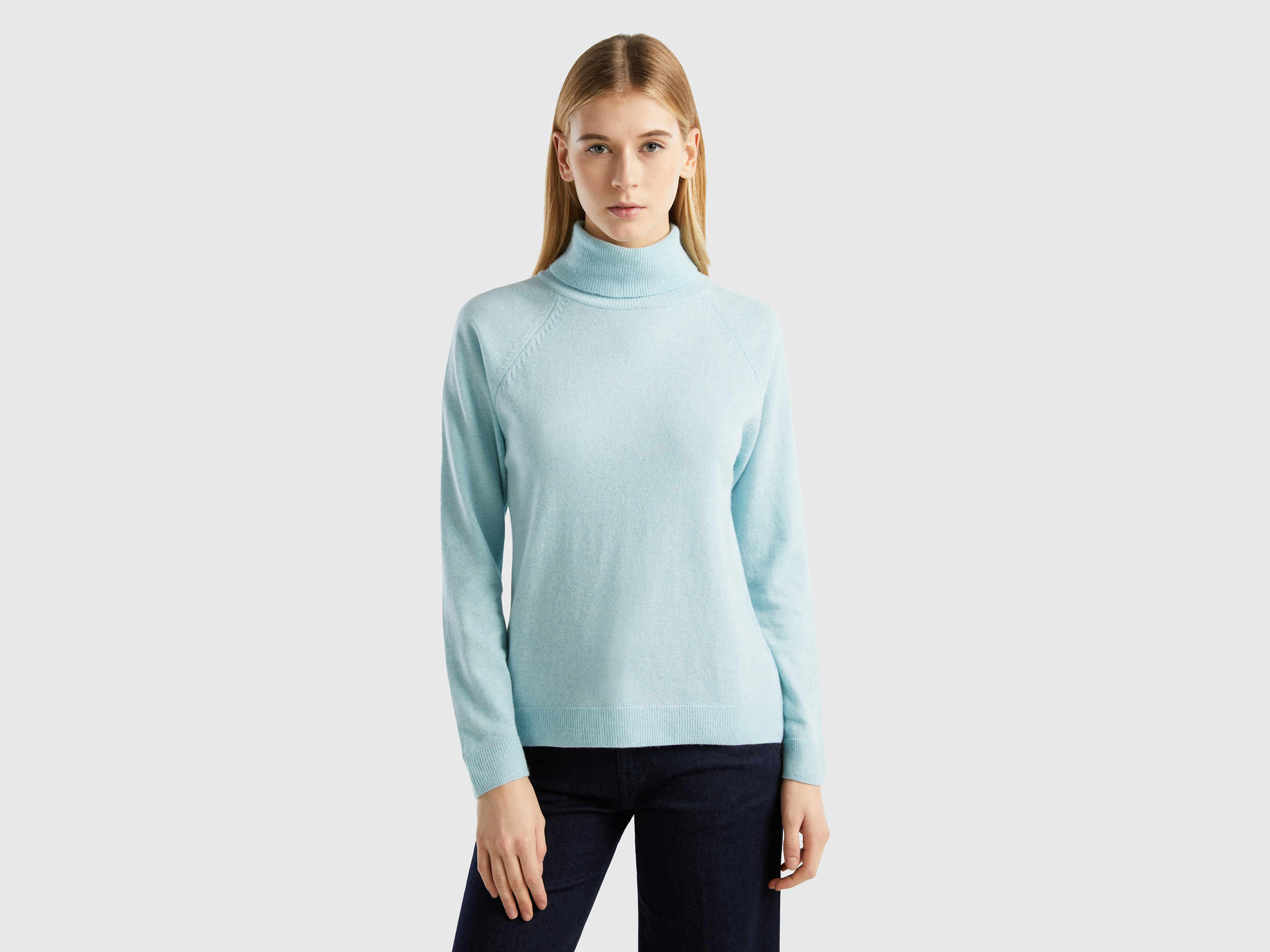 Benetton, Light Gray Turtleneck Sweater In Cashmere And Wool Blend, size XS, Light Gray, Women