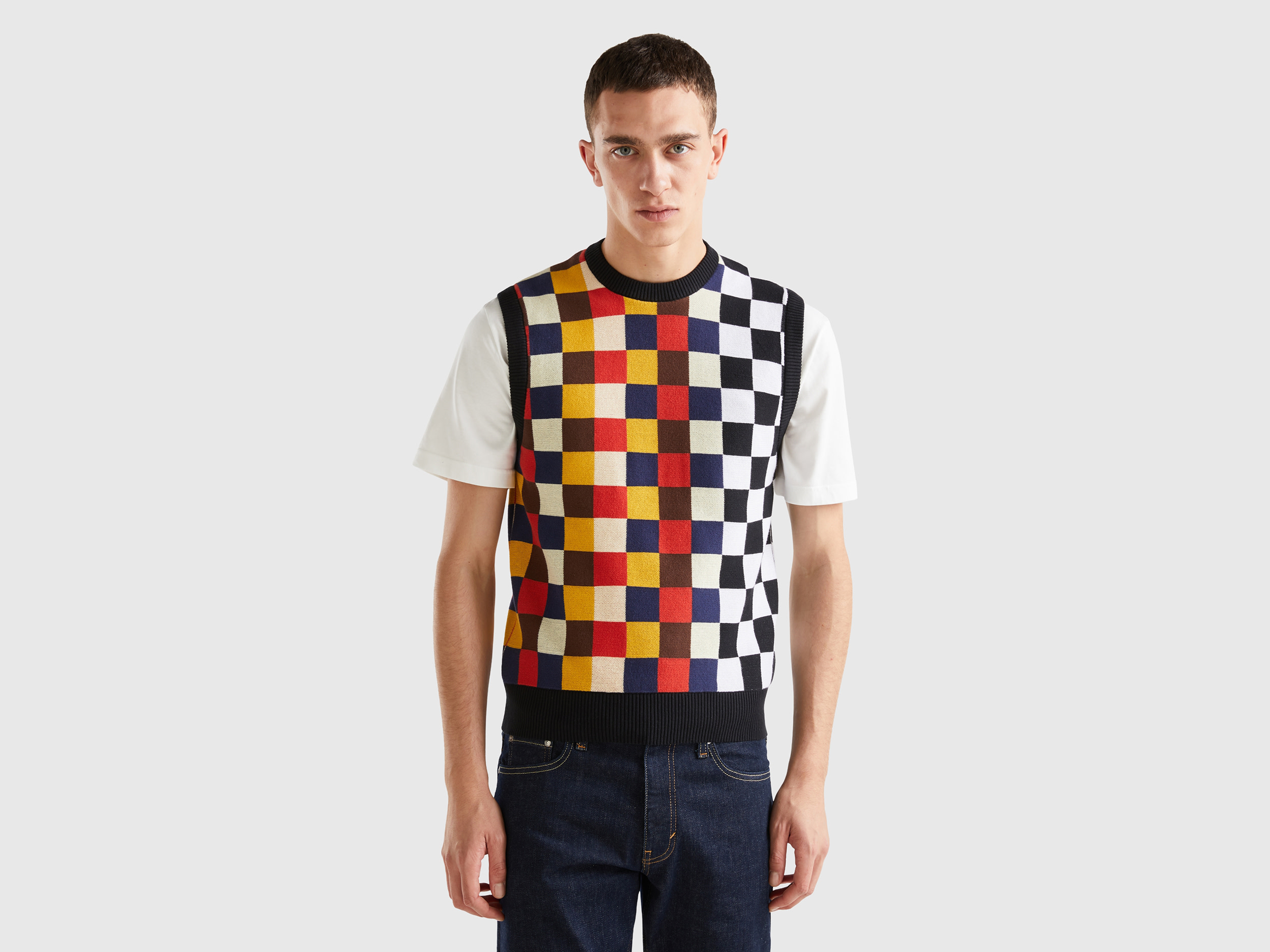Benetton, Checkered Vest In 100% Cotton, size XS, Black, Men
