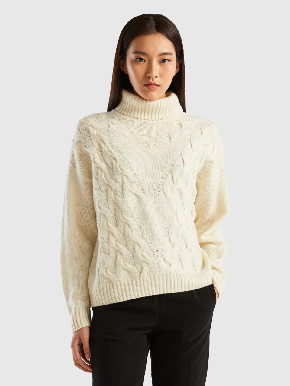 Benetton, Turtleneck With Cables, Creamy White, Women