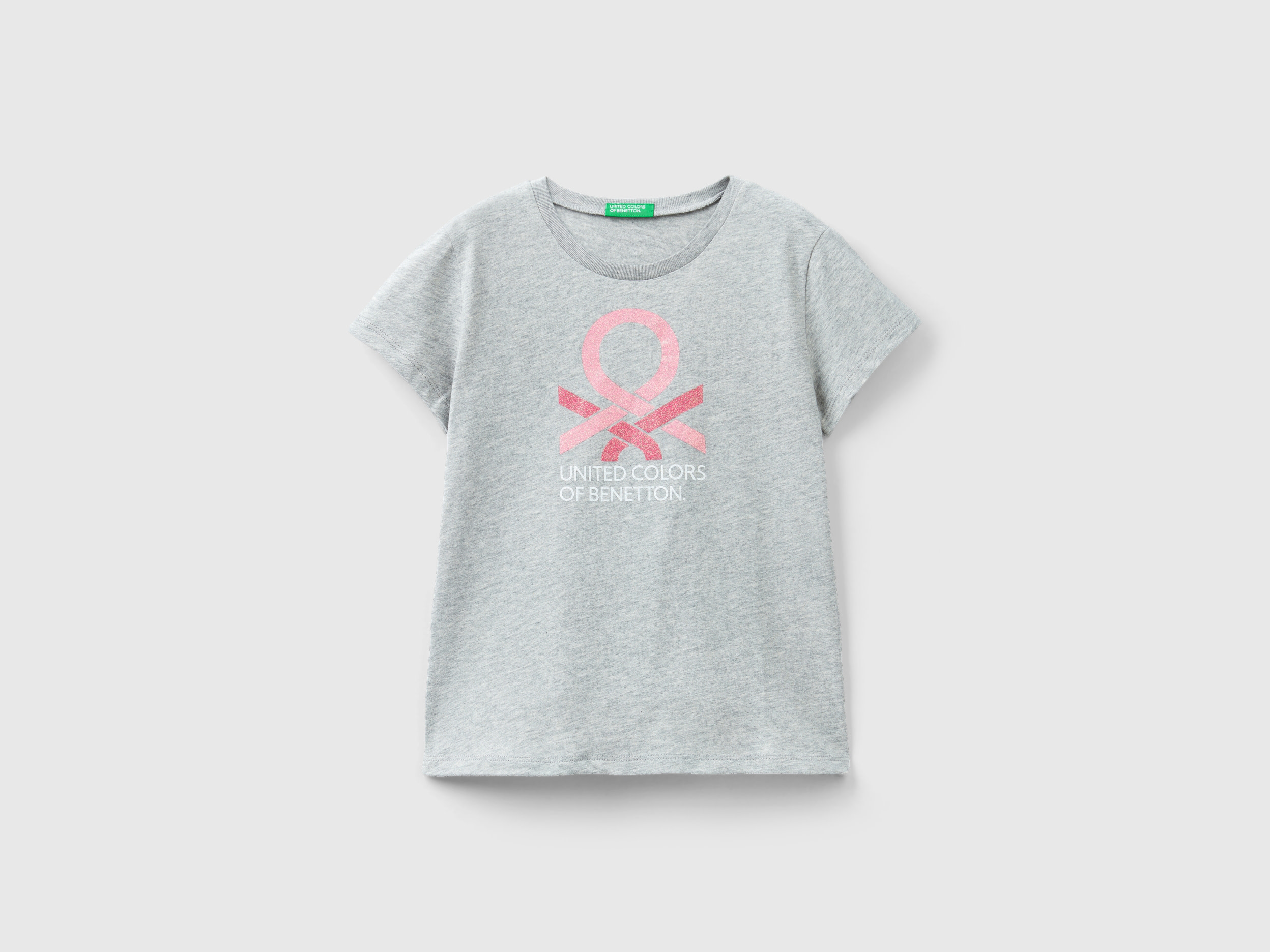 Benetton, T-shirt With Glittery Logo In Organic Cotton, size L, Light Gray, Kids