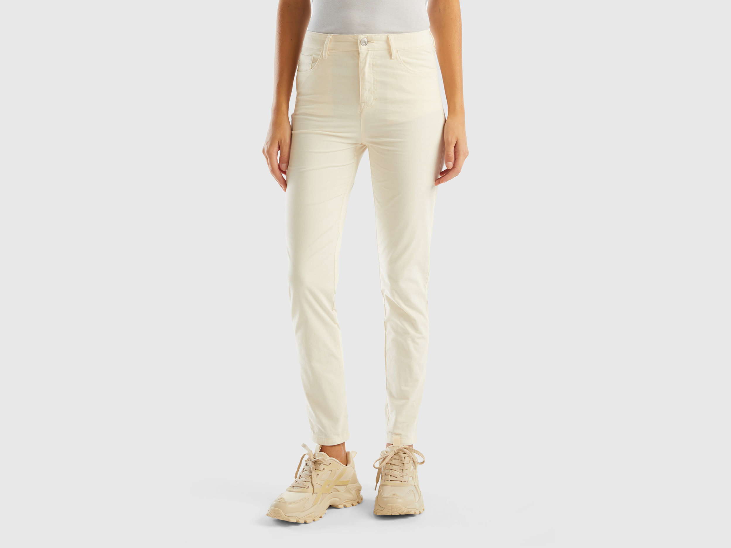 Benetton, Five Pocket Velvet Trousers, size 14, Creamy White, Women