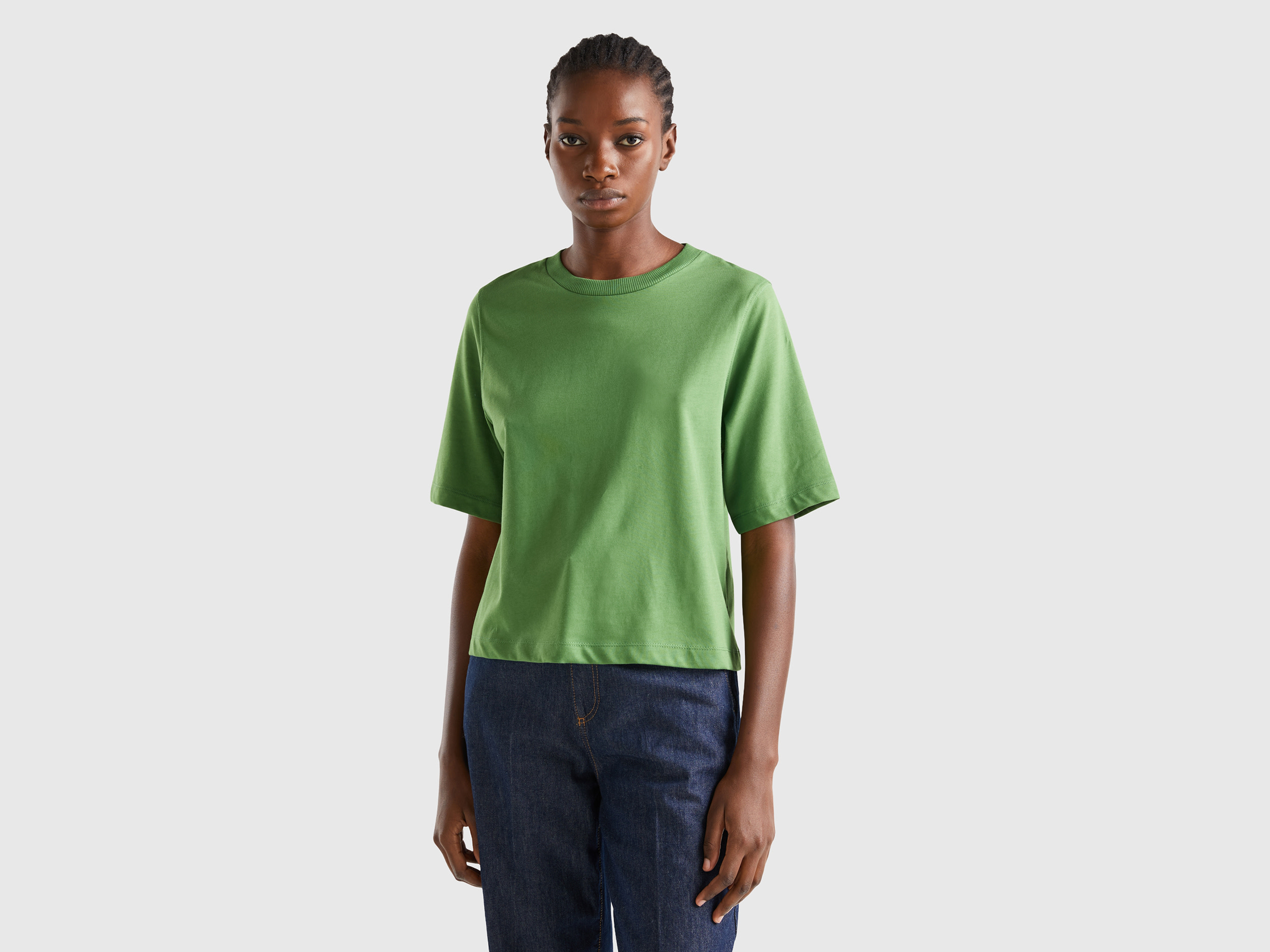 Benetton, 100% Cotton Boxy Fit T-shirt, size S, Military Green, Women