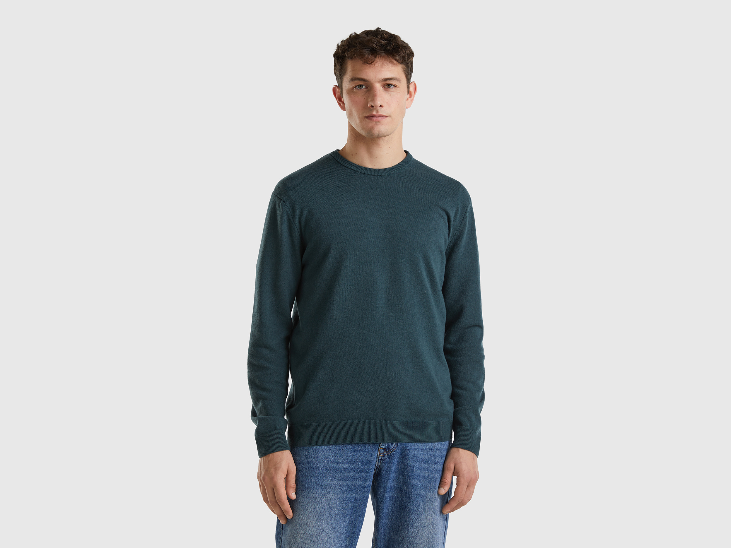 Benetton, Dark Green Crew Neck Sweater In Pure Merino Wool, size XL, Dark Green, Men
