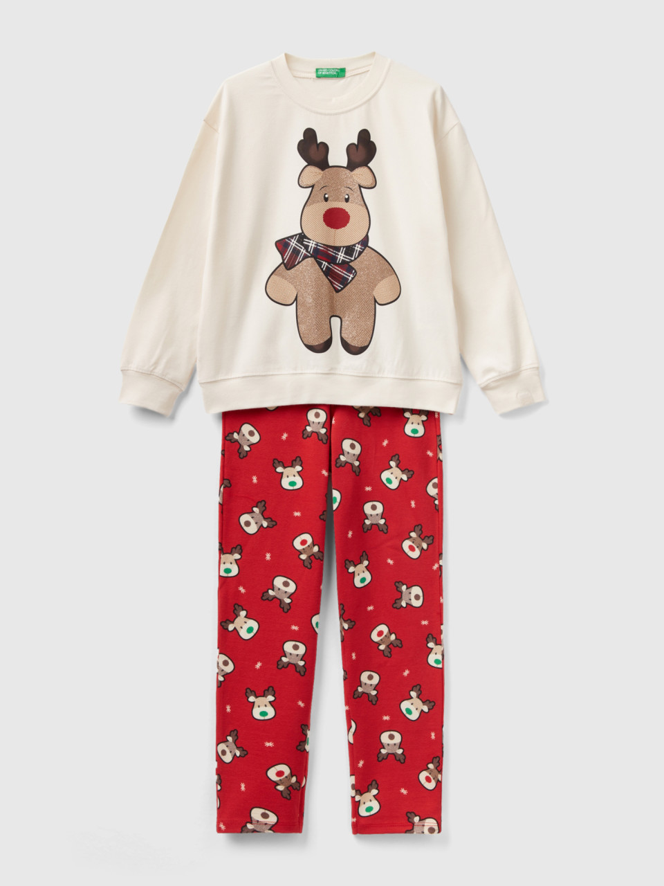 Benetton, Reindeer Pyjamas In Stretch Cotton, Creamy White, Kids