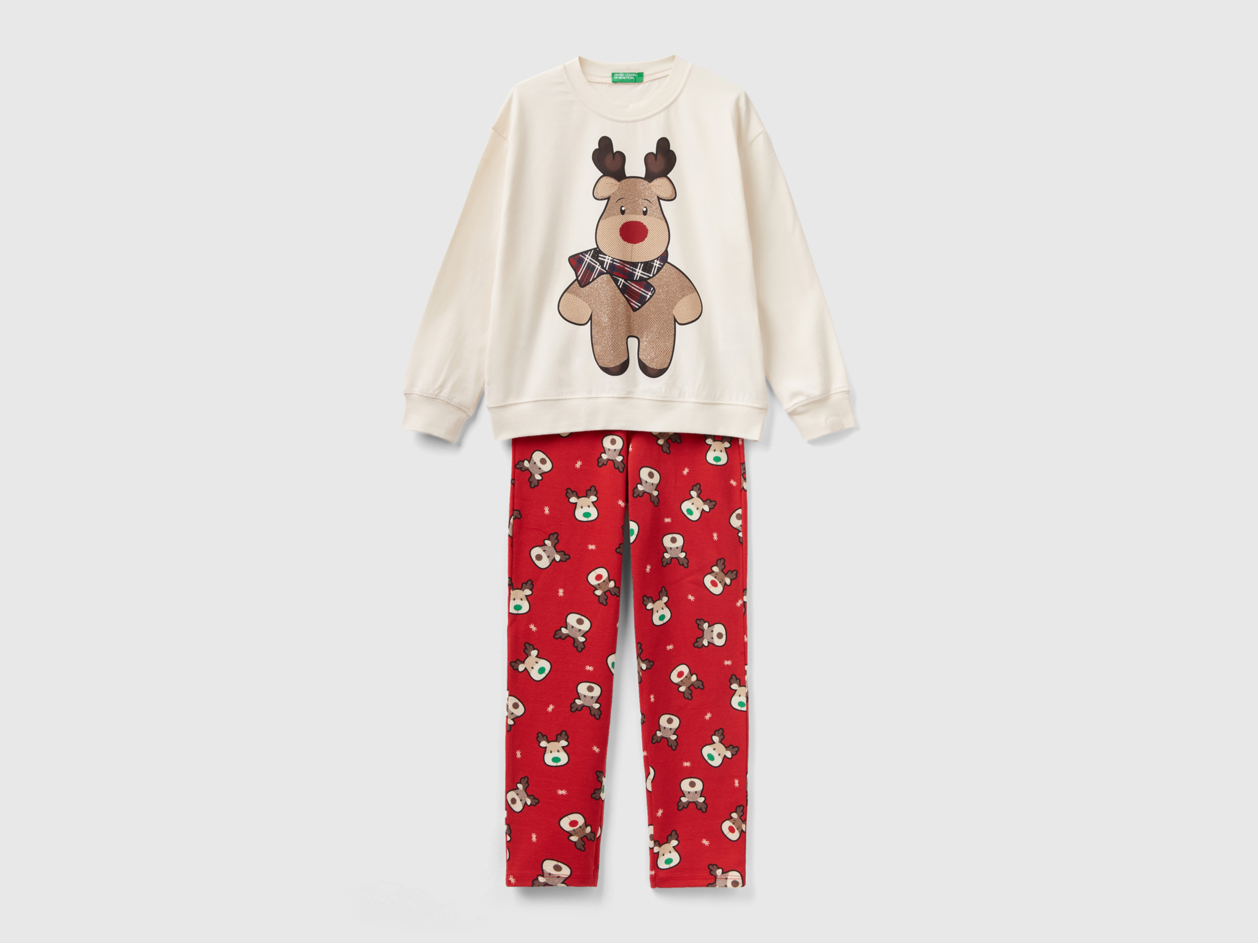 Benetton, Reindeer Pyjamas In Stretch Cotton, size L, Creamy White, Kids