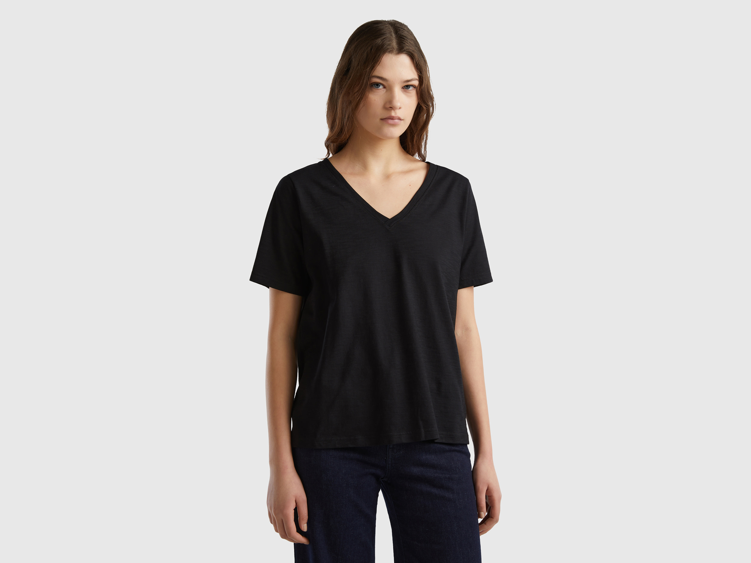 Benetton, V-neck T-shirt In Slub Cotton, size XXS, Black, Women