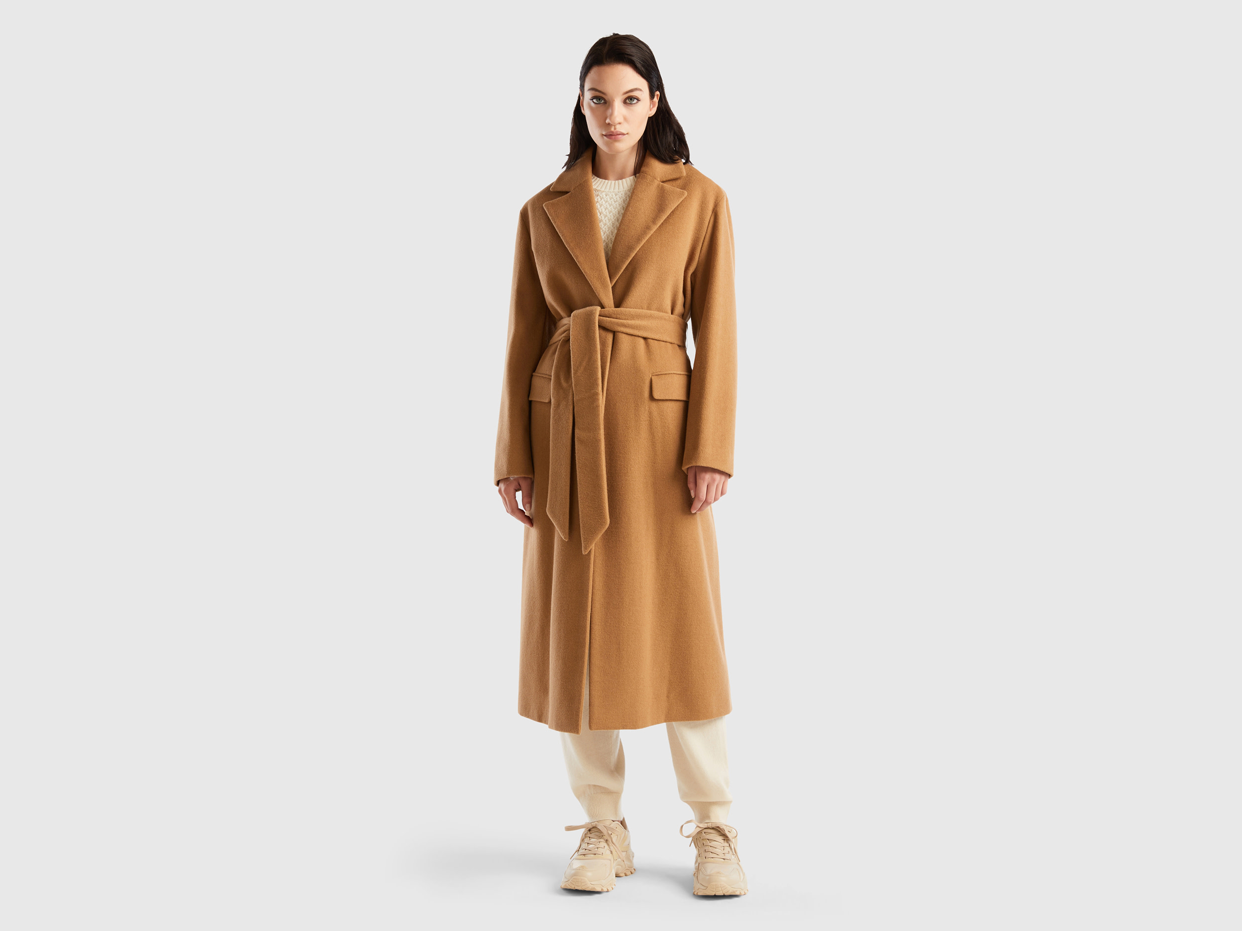 Benetton, Long Coat With Belt, size XL, Camel, Women