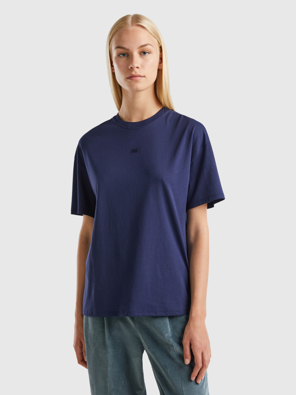 Benetton, T-shirt With Embroidered Logo, Dark Blue, Women