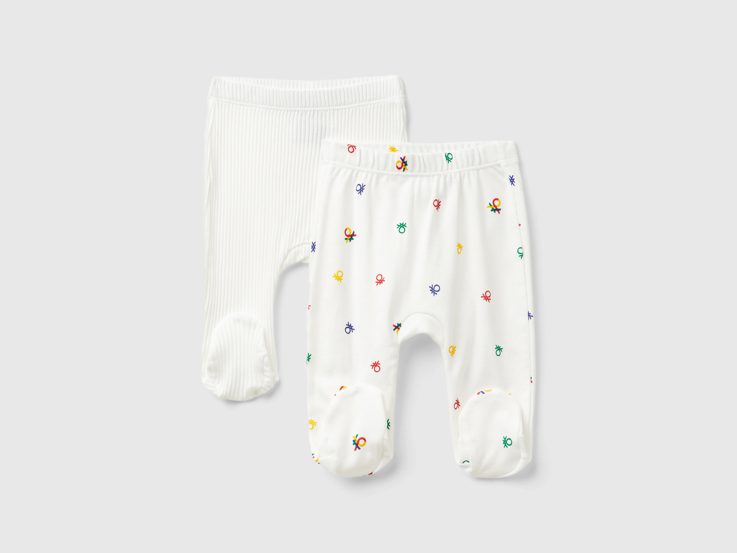 Benetton, Due Pantaloni In Cotone Bio, Bianco Panna, Bambini